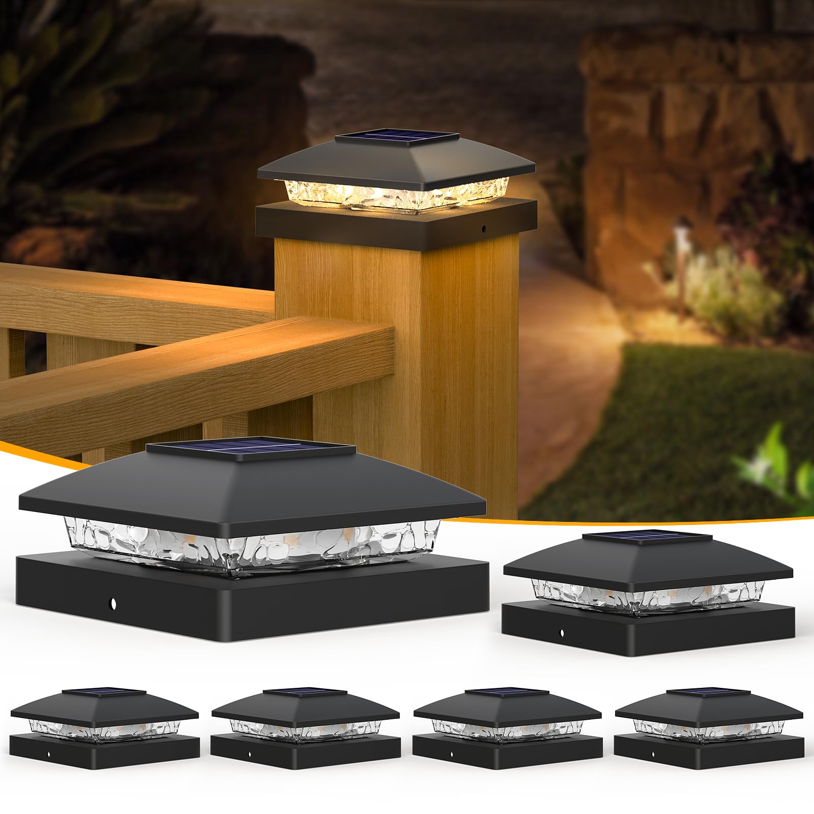 APONUO 6-Pack Black Solar Post Cap Lights - Warm White Waterproof Outdoor Solar Lights for 4x4 Wood/Vinyl Fence, Deck & Patio | Garden, Pathway & Backyard Decoration Lighting