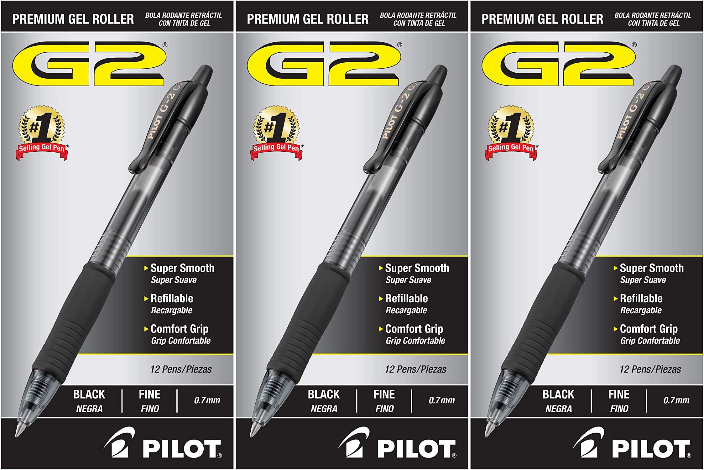 Premium PILOT G2 Retractable Gel Pens - Fine Point 0.7mm Black Ink, 12-Pack (3 Sets of 12) - Smooth Writing for Office, School & Note Taking - Refillable Rollerball Pens for Professionals & Students