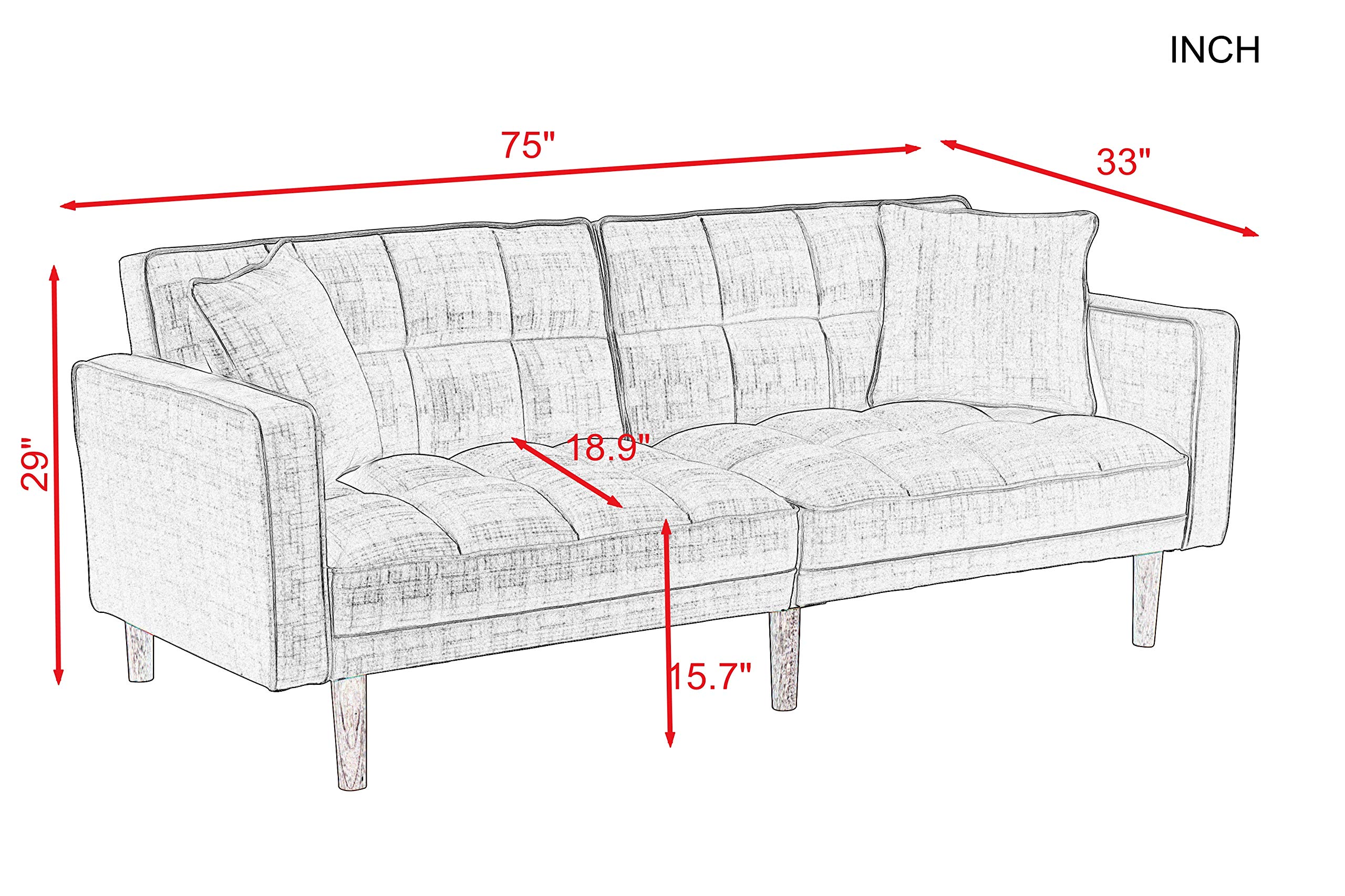 Convertible Futon Sofa Bed - Modern Linen Upholstered Folding Sleeper Sofa with 2 Pillows, 75