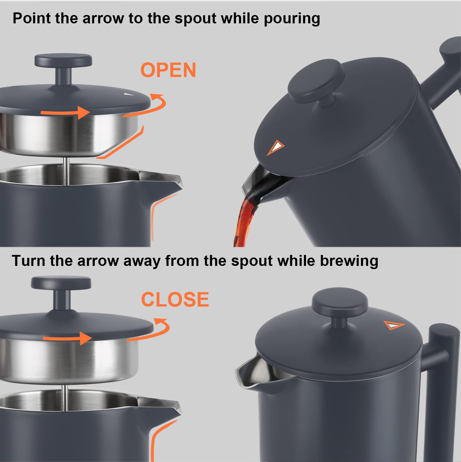 Secura 34oz (1L) Stainless Steel French Press Coffee Maker - 304 Grade Insulated Coffee Press with 2 Extra Screens, Grey - Perfect for Home, Office & Camping Brewing