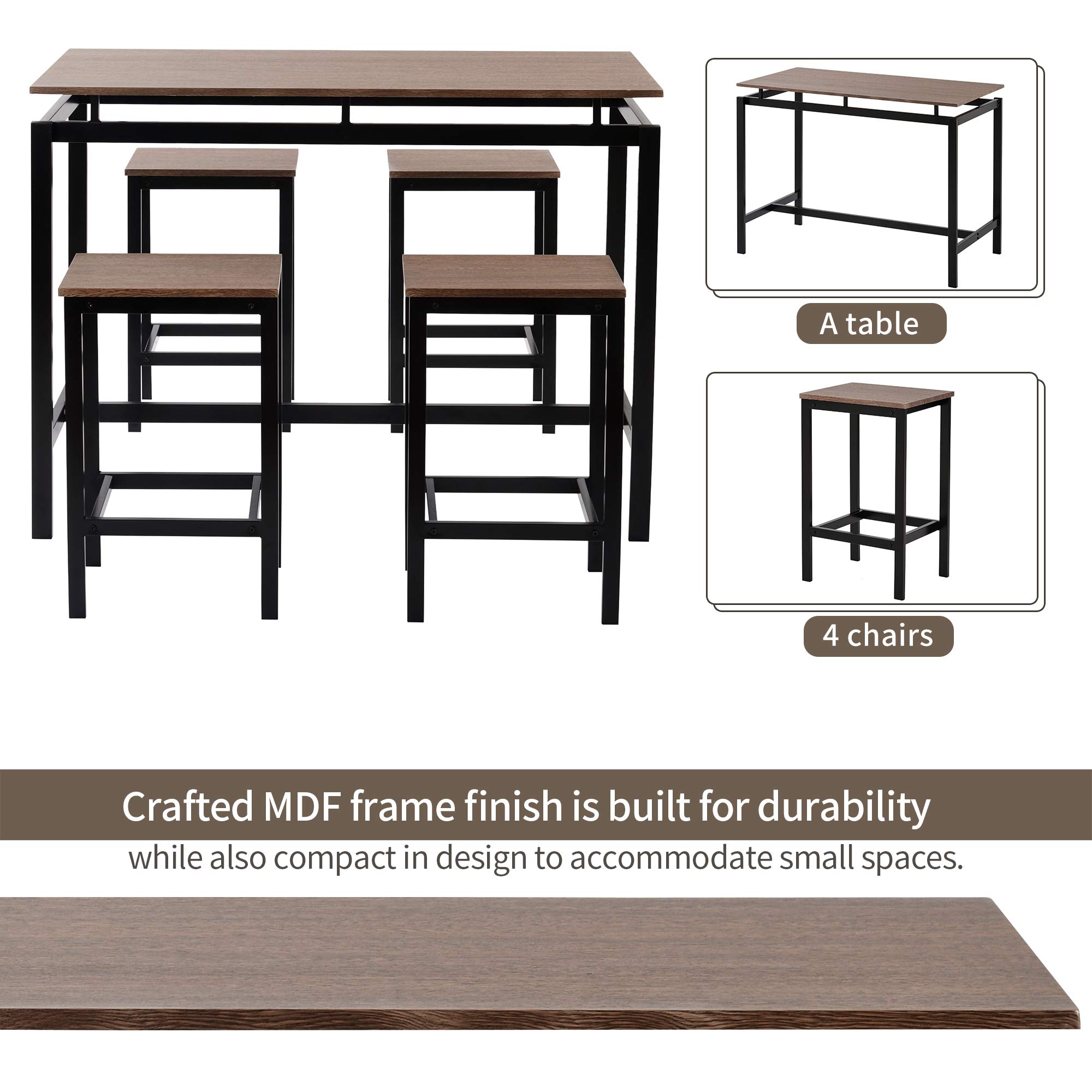 5-Piece Industrial Counter Height Dining Table Set with 4 Bar Stools - Space Saving Rectangular Dark Brown Kitchen Dinette (47.2''L x 23.6''W x 35''H) - Perfect for Small Apartments, Kitchens, Breakfast Nooks & Pub Style Dining