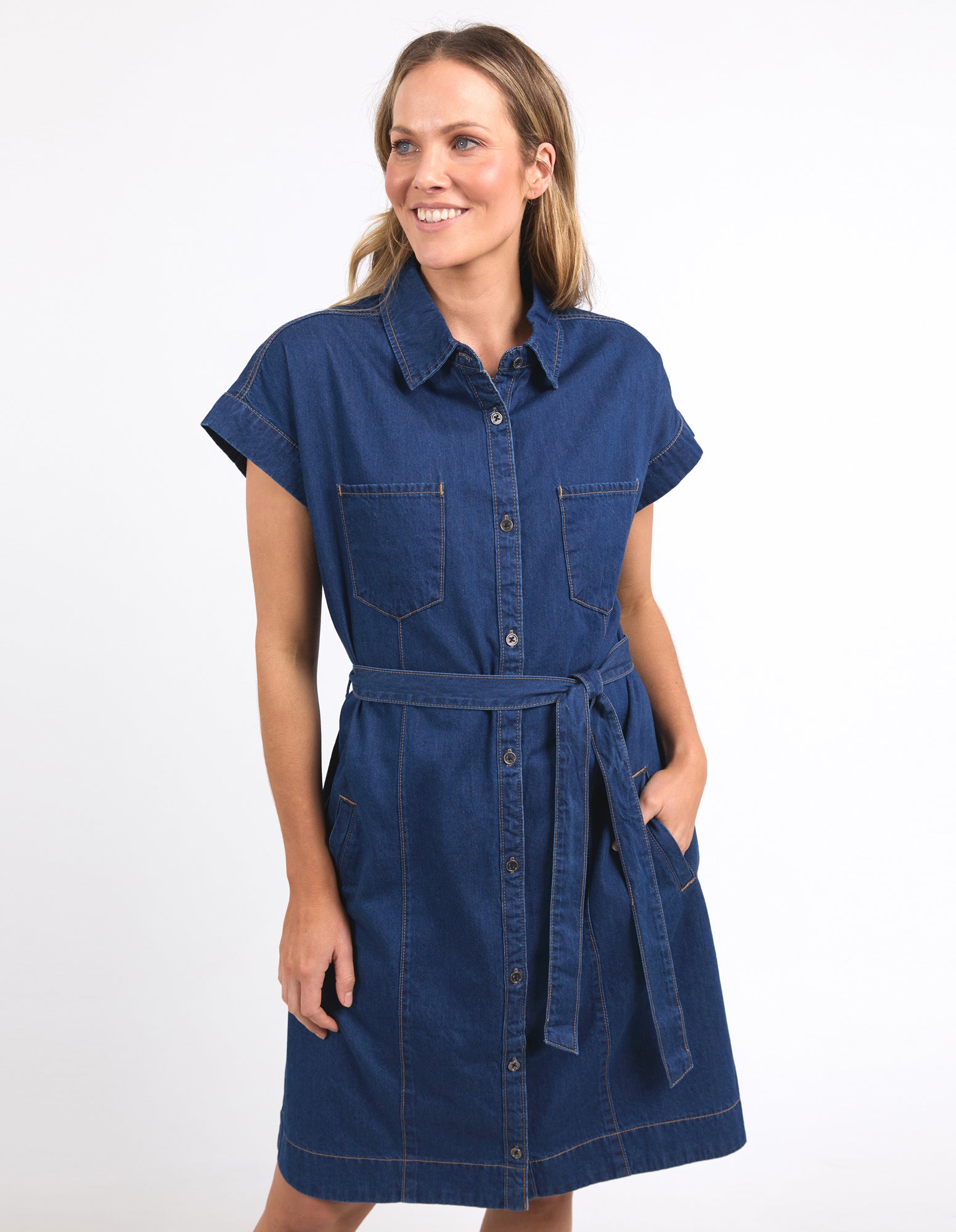 Elm Everleigh Denim Dress for Women - Dark Blue Wash Vintage Style, Mid-Length Casual Jean Dress with Pockets | Perfect for Spring Outfits, Date Nights & Weekend Brunch
