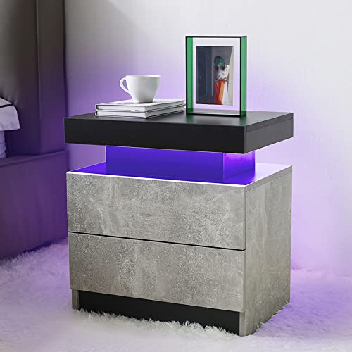 Modern LED Nightstand with 2 Drawers - Grey Bedside Table with Touch Control Lighting for Bedroom, Living Room or Dorm - Compact Storage Cabinet with USB Charging Port (Model 1104A02-3) - Perfect for Small Spaces, Reading Nook or Apartment Decor