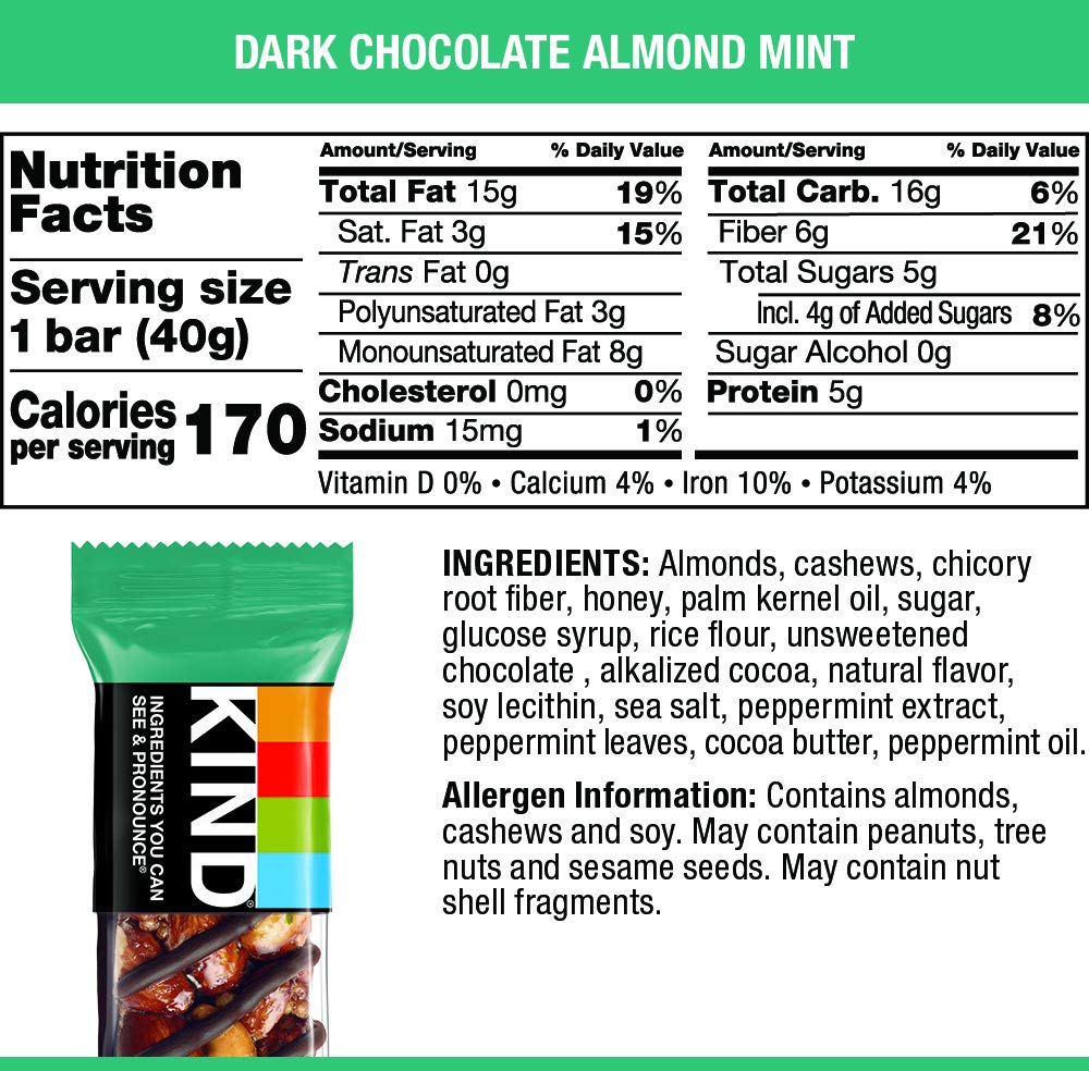 KIND Bars Dark Chocolate Mint - Gluten Free, Low Sugar Snack Bars, 1.4oz (12 Count) - Healthy On-The-Go Breakfast & Post-Workout Energy Boost
