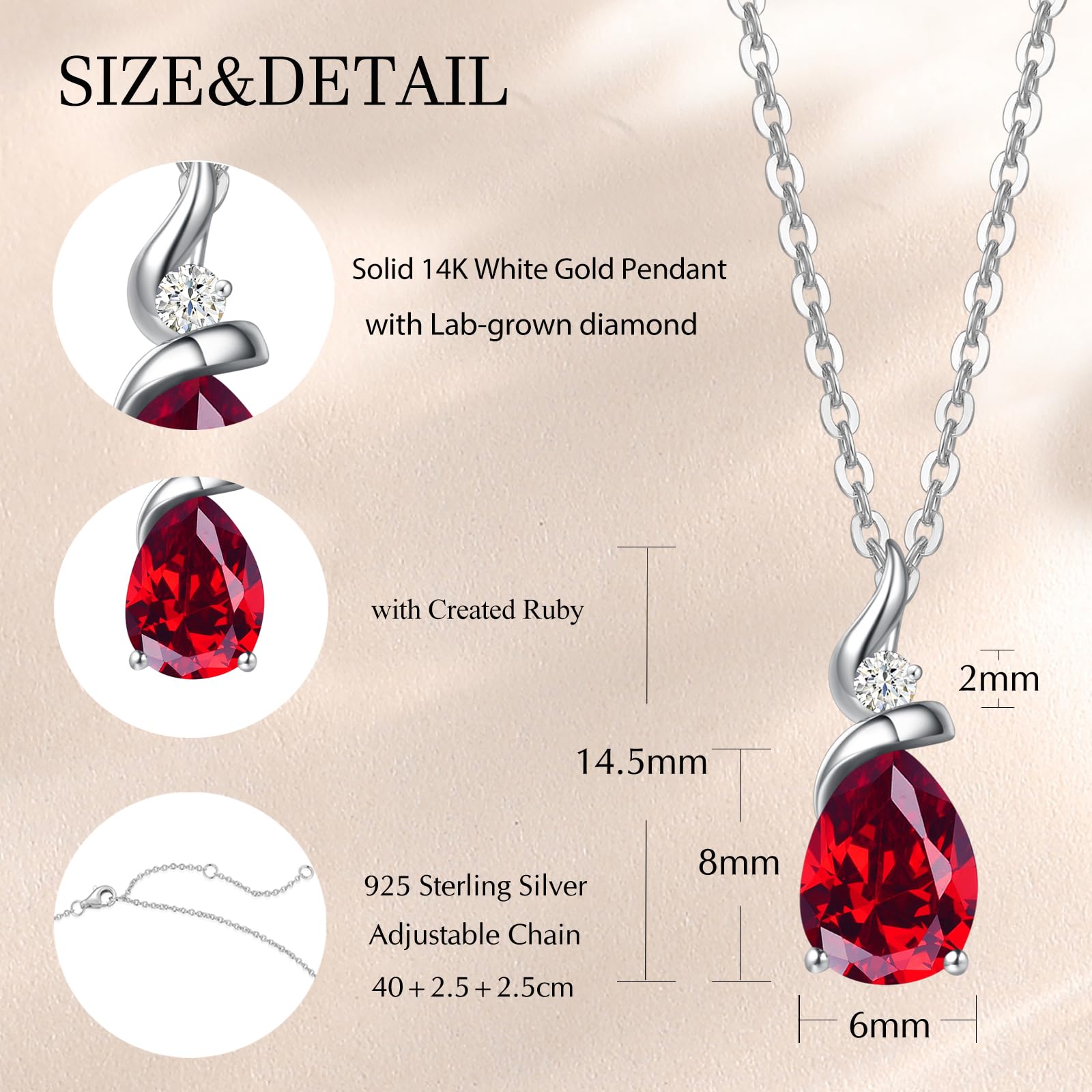 14K Solid White Gold Birthstone Pendant Necklace for Women | Diamond Pear Shaped Teardrop Necklace | Birthday Gift for Mom | Sterling Silver Chain 16