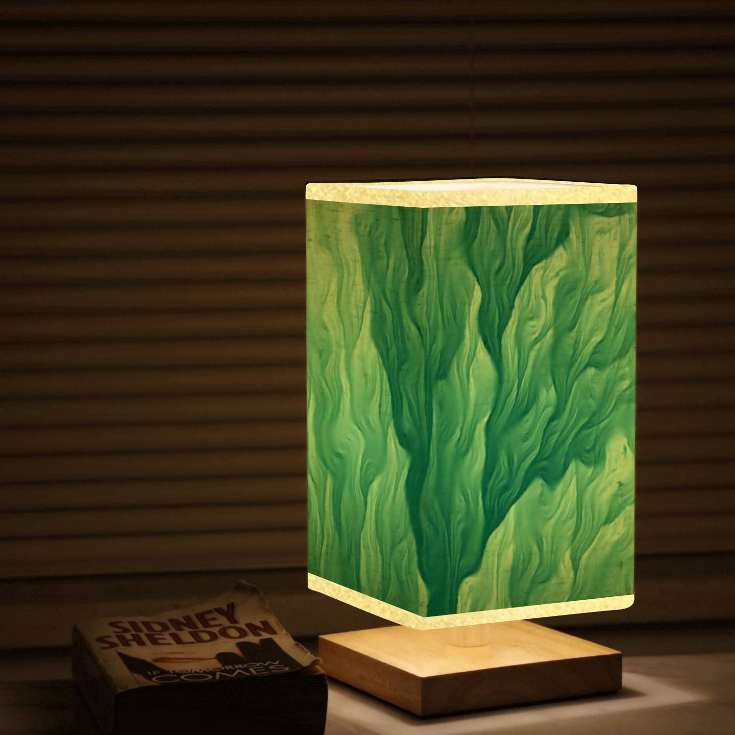 Square Dimmable Bedside Table Lamp with Green Seaweed Abstract Fractal Art Design, Wooden Base & Flaxen Fabric Shade - Modern Nightstand Lamp for Bedroom, Living Room, Office | Perfect for Reading, Relaxing & Ambient Lighting