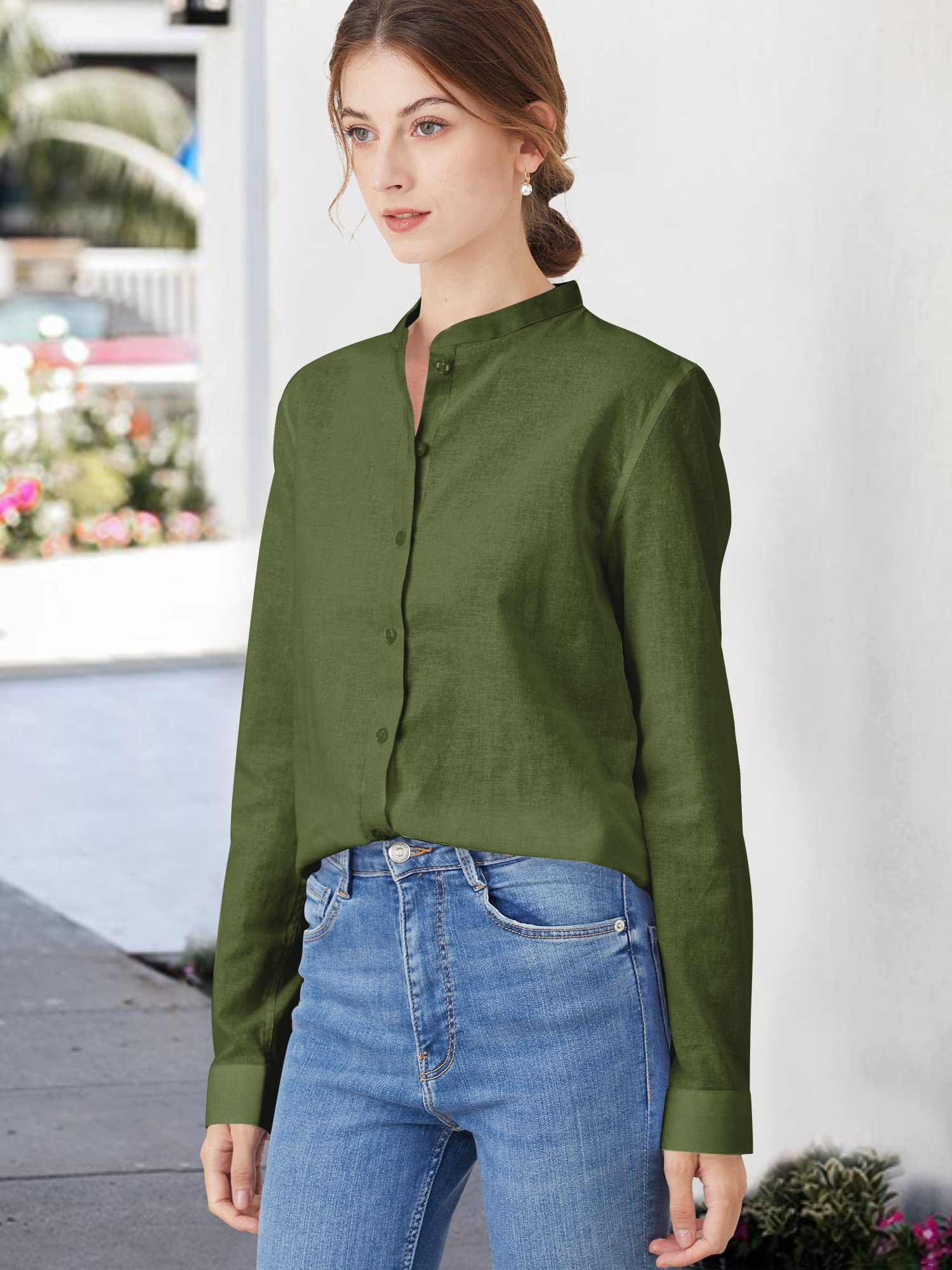 Women's Linen Mandarin Collar Button-Down Shirt - Casual Long Sleeve Blouse for Summer, Office & Travel | Breathable & Comfortable