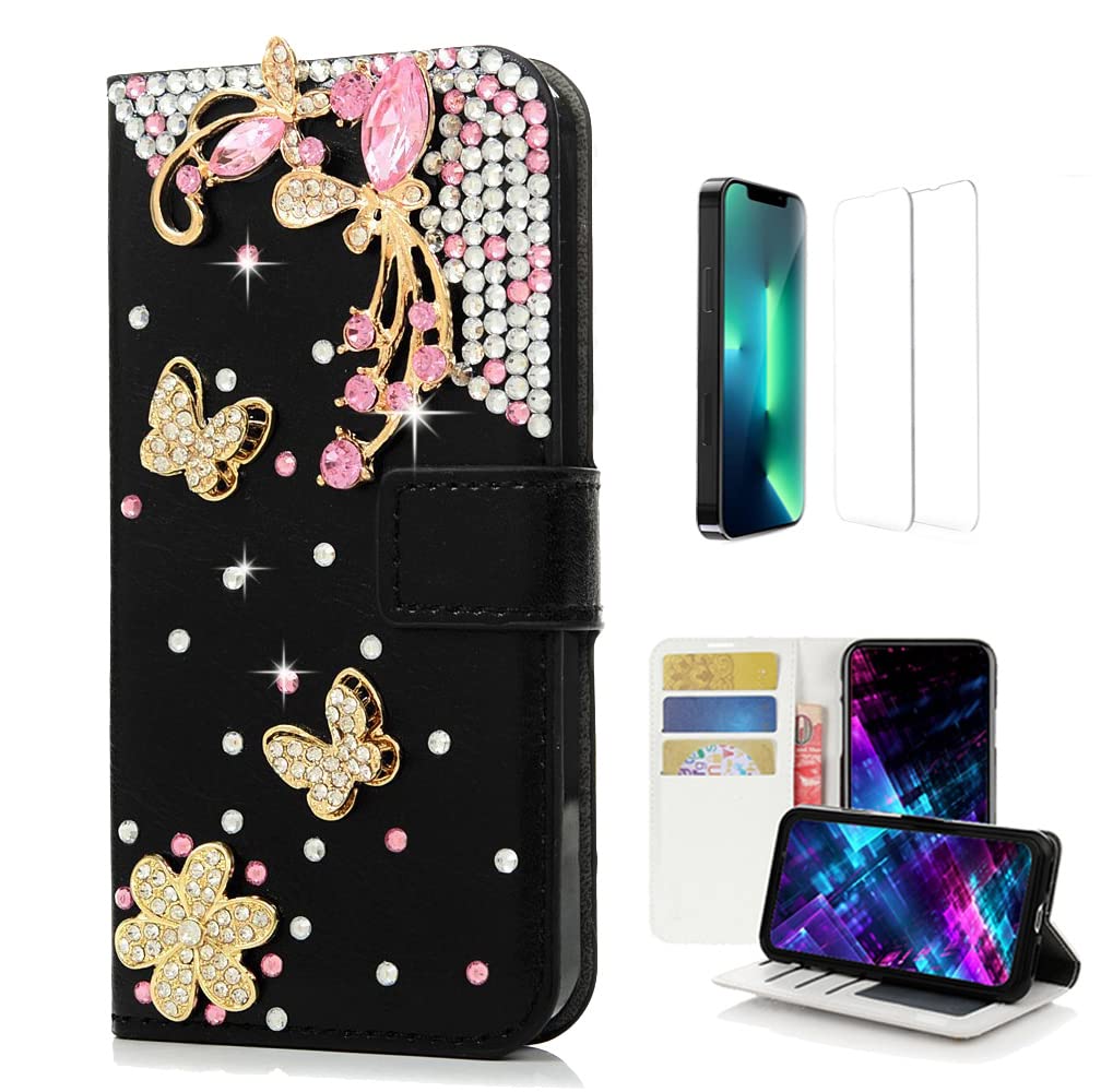 Sparkly 3D Handmade Butterfly Crystal Wallet Phone Case for iPhone 13 Pro Max - Black Glitter Bling Leather Cover with Screen Protector (2 Pack) - Perfect for Parties, Weddings & Everyday Luxury
