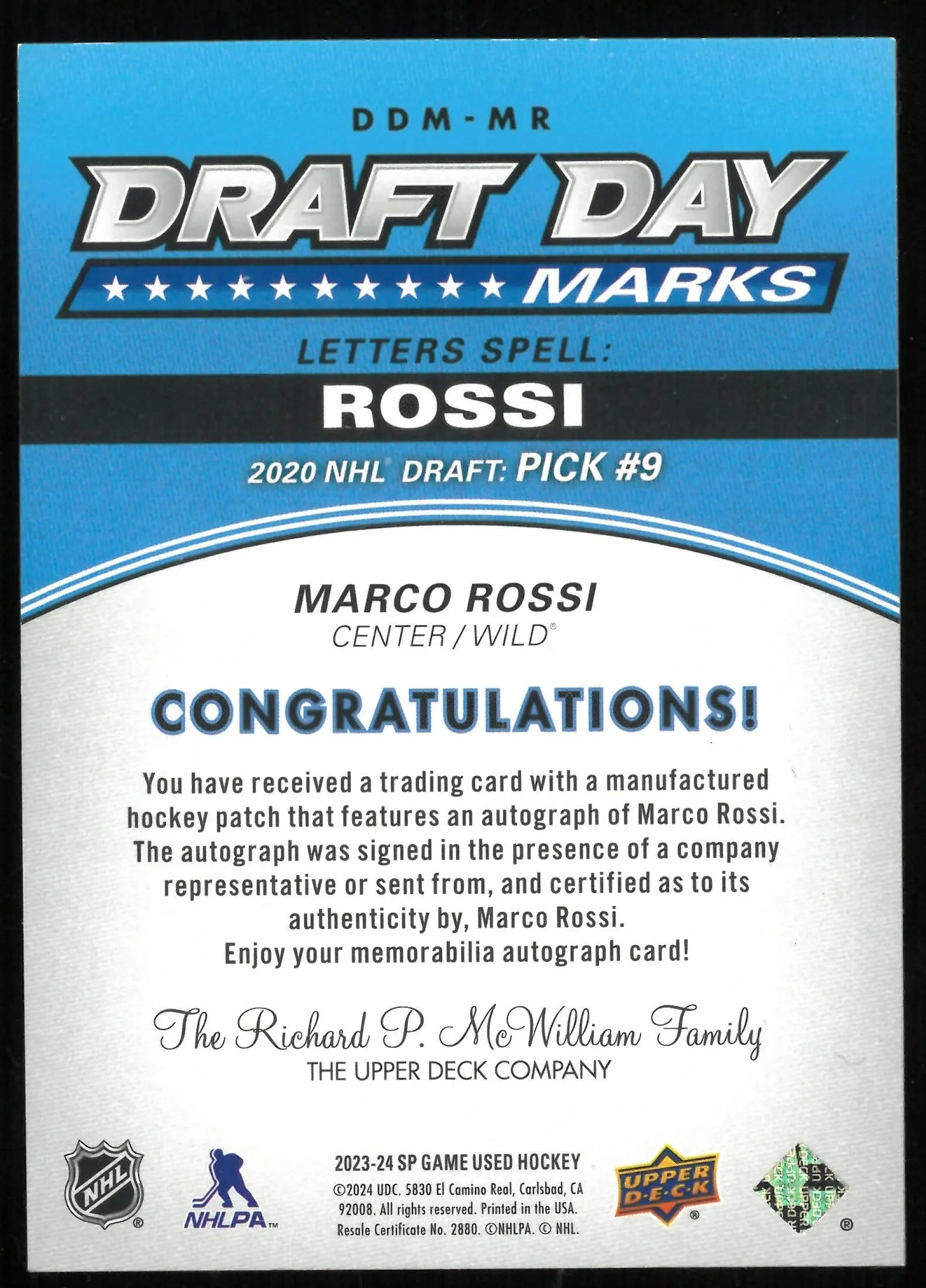 2023-24 Upper Deck SP Game Used Marco Rossi Draft Day Marks Autographed Letter Patch Card #/35 - NHL Collectible for Fans & Investors