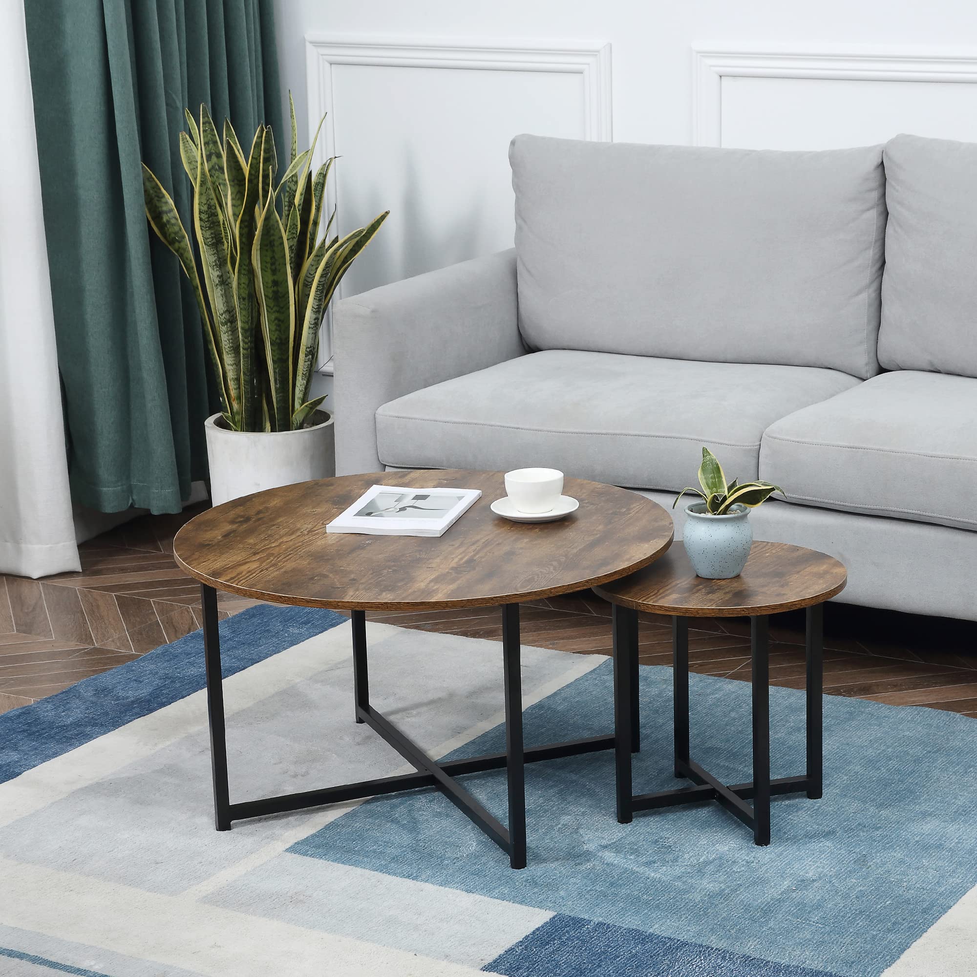 HOMCOM 2-Piece Round Coffee Table Set with Metal Frame - Industrial Style Living Room Tables, Rustic Brown Circle Coffee Tables for Home Decor & Small Space Furniture