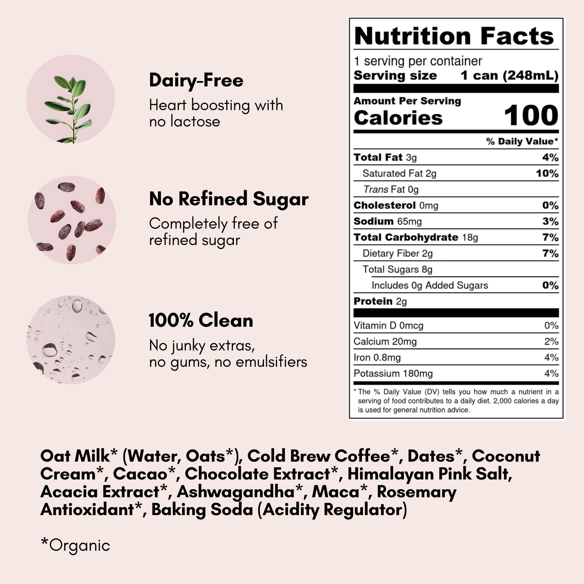 Organic Oat Milk Lattes with Adaptogens - Mocha Flavor | 8 Fl Oz (Pack of 24) | Maca, Ashwagandha, MCT Oil, Cold Brew Coffee | Dairy-Free, Gluten-Free, Lightly Sweetened with Dates | Perfect for On-the-Go Breakfast, Office Snacks & Post-Workout Recovery