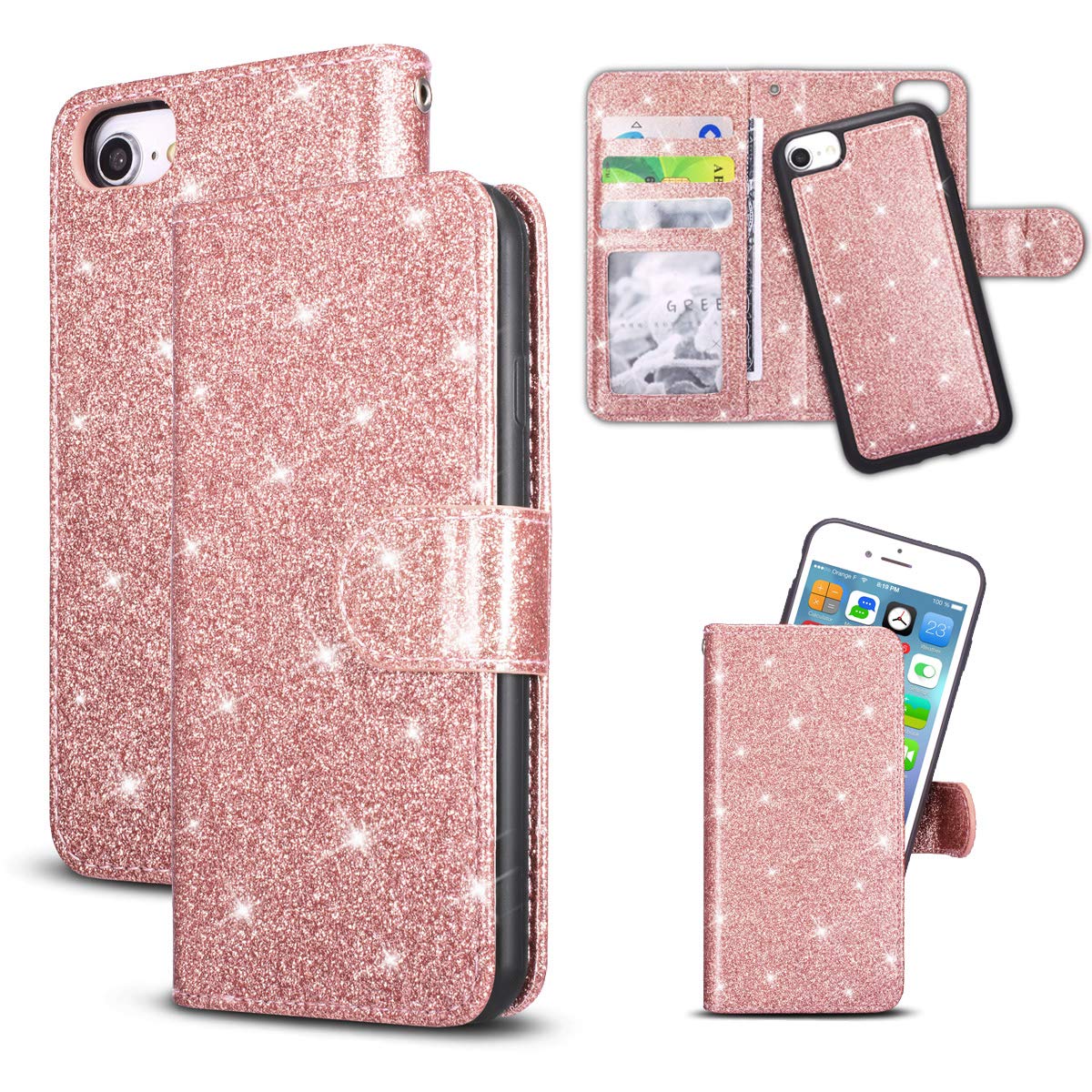QLTYPRI iPhone 7 Plus/8 Plus Wallet Case - Glitter PU Leather Magnetic Detachable Slim Cover with Card Slots & Kickstand (2-in-1 Design, Rose Gold) | Perfect for Work, Travel & Everyday Protection