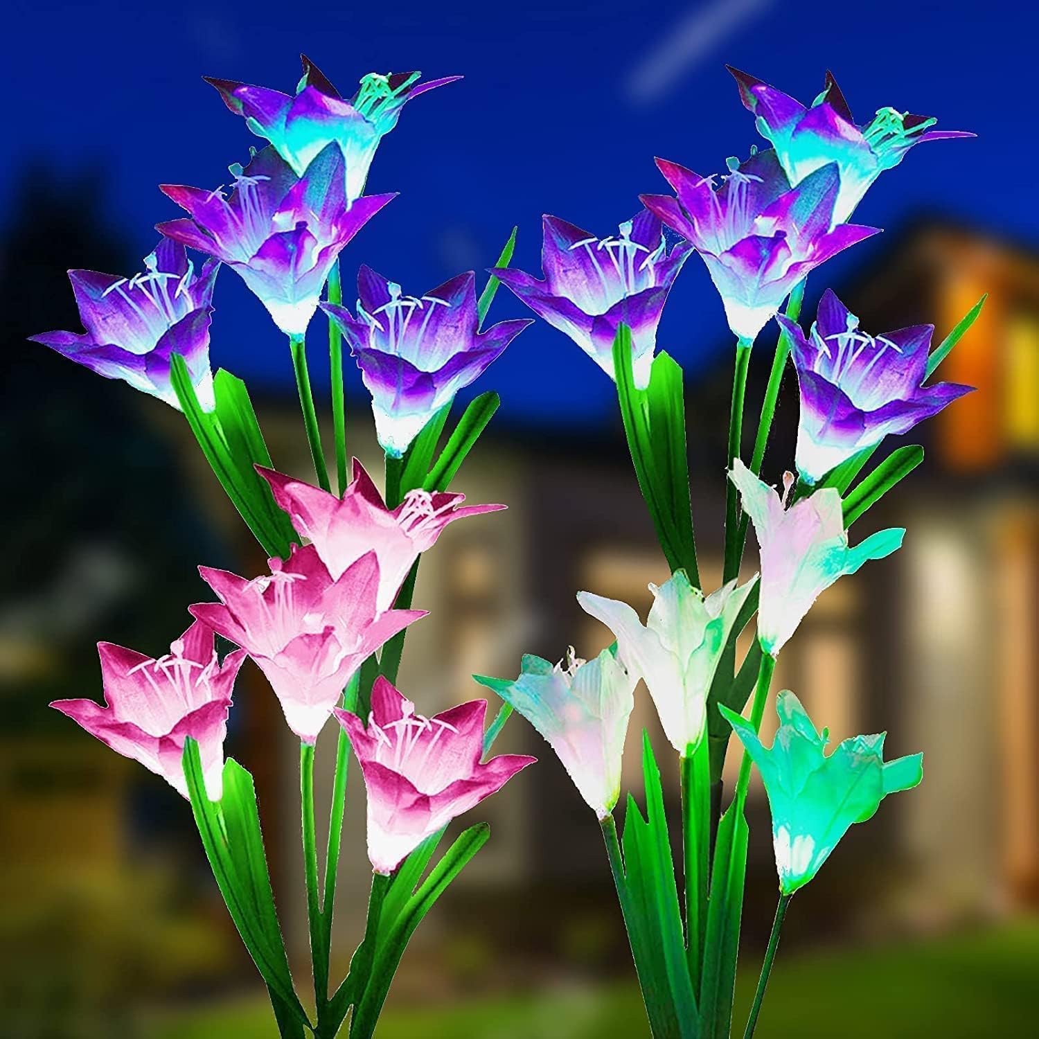 4 Pack Solar Garden Lights Outdoor - Color Changing LED Solar Flowers with Bigger Lily, Solar Powered Lights for Yard, Patio, Pathway, Balcony - Perfect for Outdoor Decoration & Nighttime Ambiance