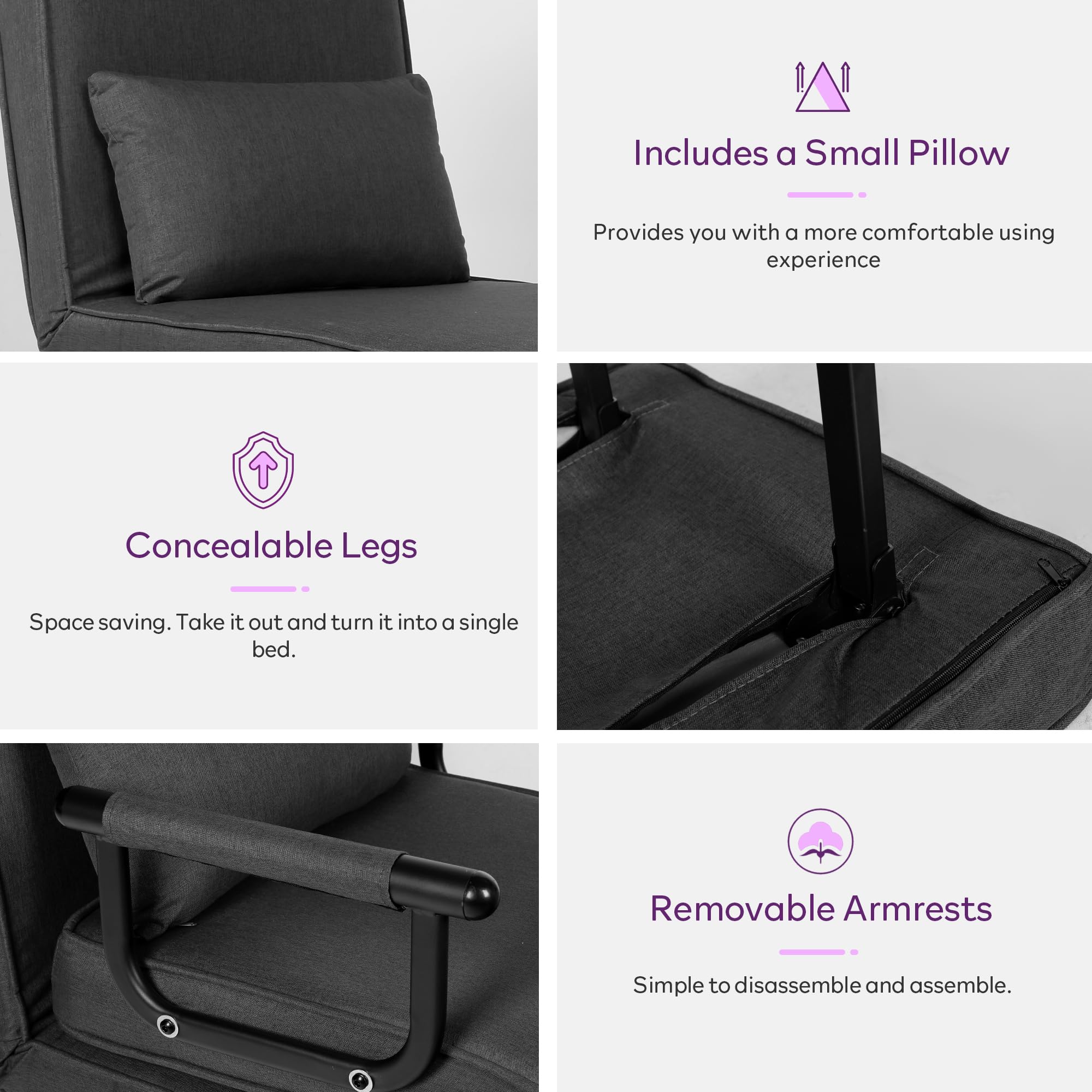 TYBOATLE 5-in-1 Convertible Sleeper Chair Bed for Adults - Adjustable 5-Position Backrest with Pillow - Foldable Sofa Bed for Small Spaces, Office, Living Room & Guest Room - Dark Grey Comfortable Sleeping Solution for Apartments, Dorms & Home Naps