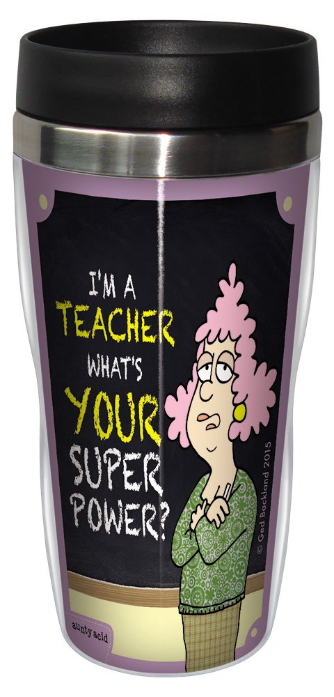 Aunty Acid Super Power Teacher Travel Mug - 16 oz Stainless Steel Insulated Coffee Tumbler with Lid | Funny Teacher Gift for Appreciation Week, Retirement, Back to School | Perfect for Classroom, Office & Commuting