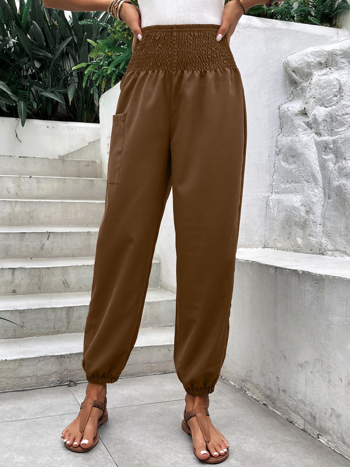 Stylish Smocked High Rise Joggers with Pockets - Comfortable Women's Lounge Pants for Yoga, Running & Casual Wear