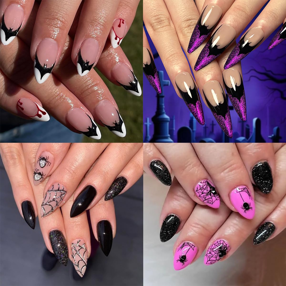 3D Halloween Nail Stickers - Spider Web, Bat, Skull, Black Silver Spider & Pumpkin Nail Art Decals - Self-Adhesive French Manicure Supplies for Women (6Pcs) - Perfect for Halloween Parties, Costume Events & Spooky Nail Designs