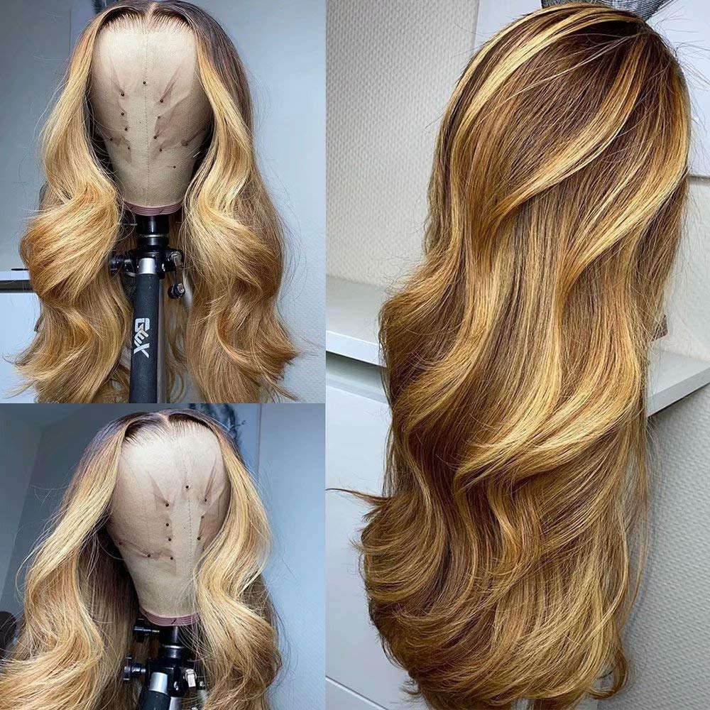 13x6 Lace Front Human Hair Wigs for Women - 14 Inch Body Wave 150 Density Honey Blonde Ombre HD Transparent Pre Plucked Bleached Knots Wig | Natural Hairline & Lightweight Comfort | Perfect for Daily Wear, Cosplay & Special Occasions