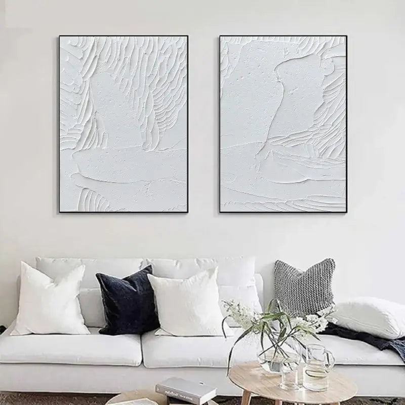 Minimalist White Textured Canvas Paintings - Set of 2 Abstract Wall Art for Living Room, Bedroom & Office Decor #MM047