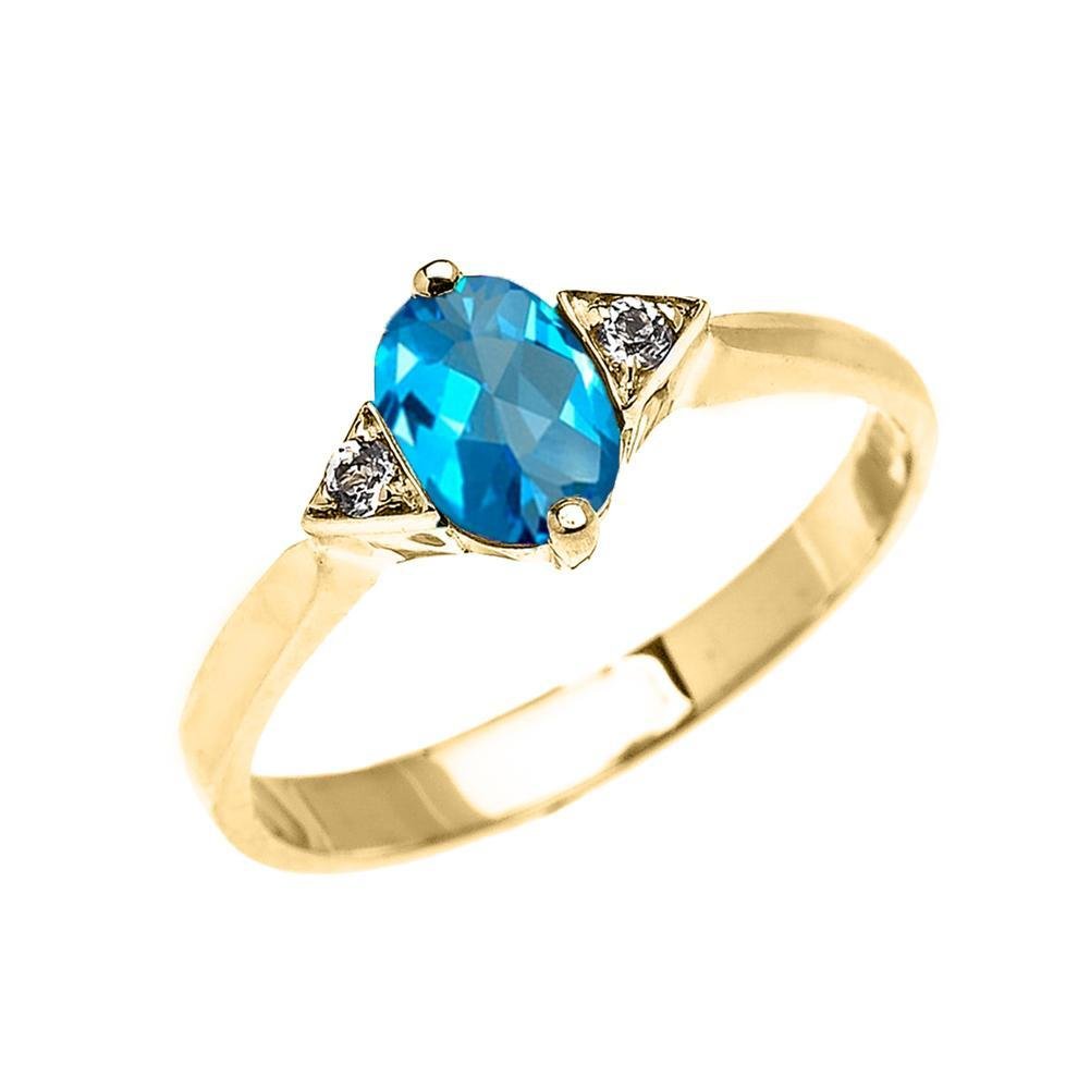 14K Yellow Gold Solitaire Blue & White Topaz Engagement Ring for Women - Modern Contemporary Wedding Band, Proposal Gift, Anniversary Jewelry - Perfect for Valentine's Day, Bridal Shower & Special Occasions