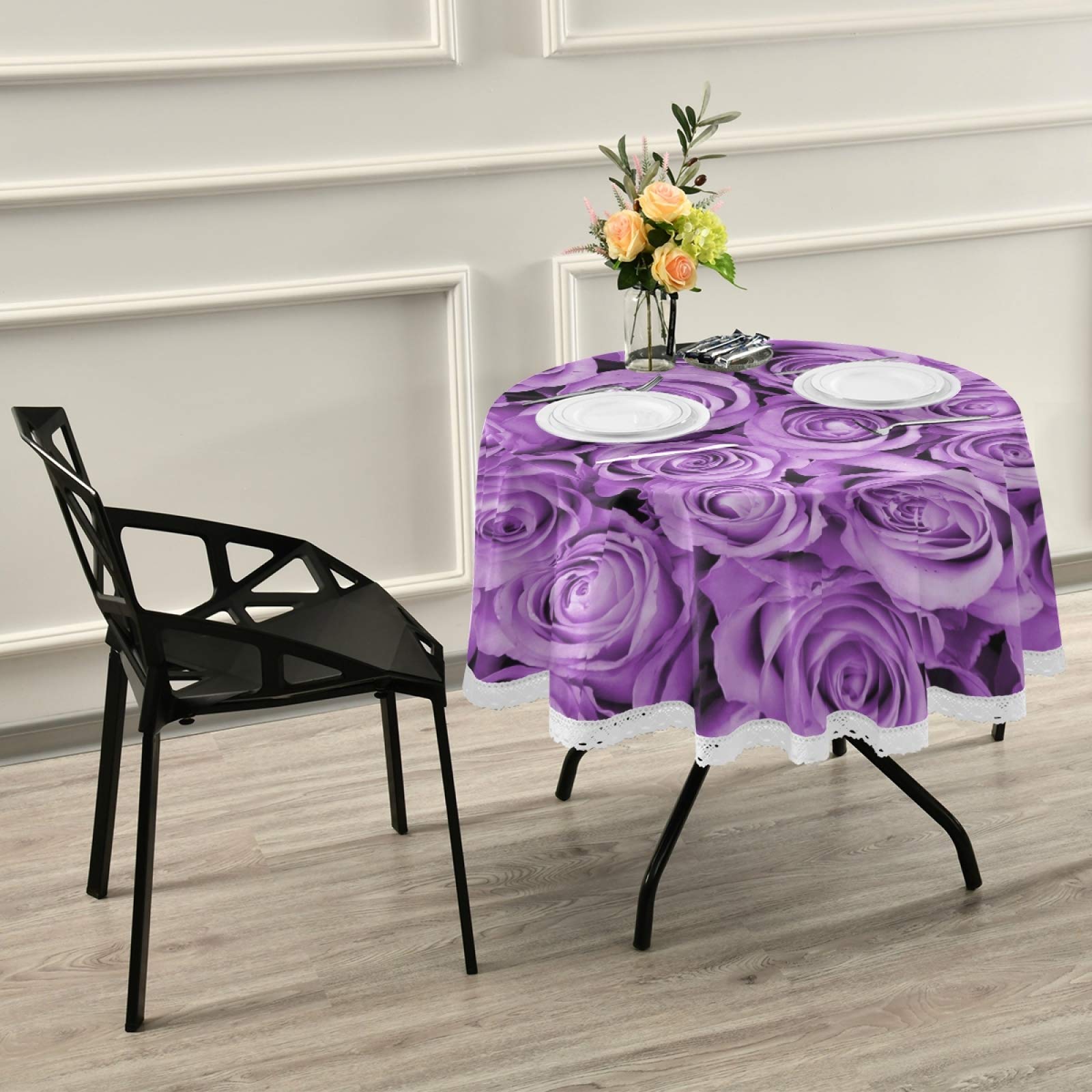 ALAZA 60 Inch Round Purple Rose Floral Tablecloth - Washable Polyester Lace Table Cover for Kitchen, Dining, Party & Picnic Decor - Perfect for Weddings, Tea Parties and Outdoor Events