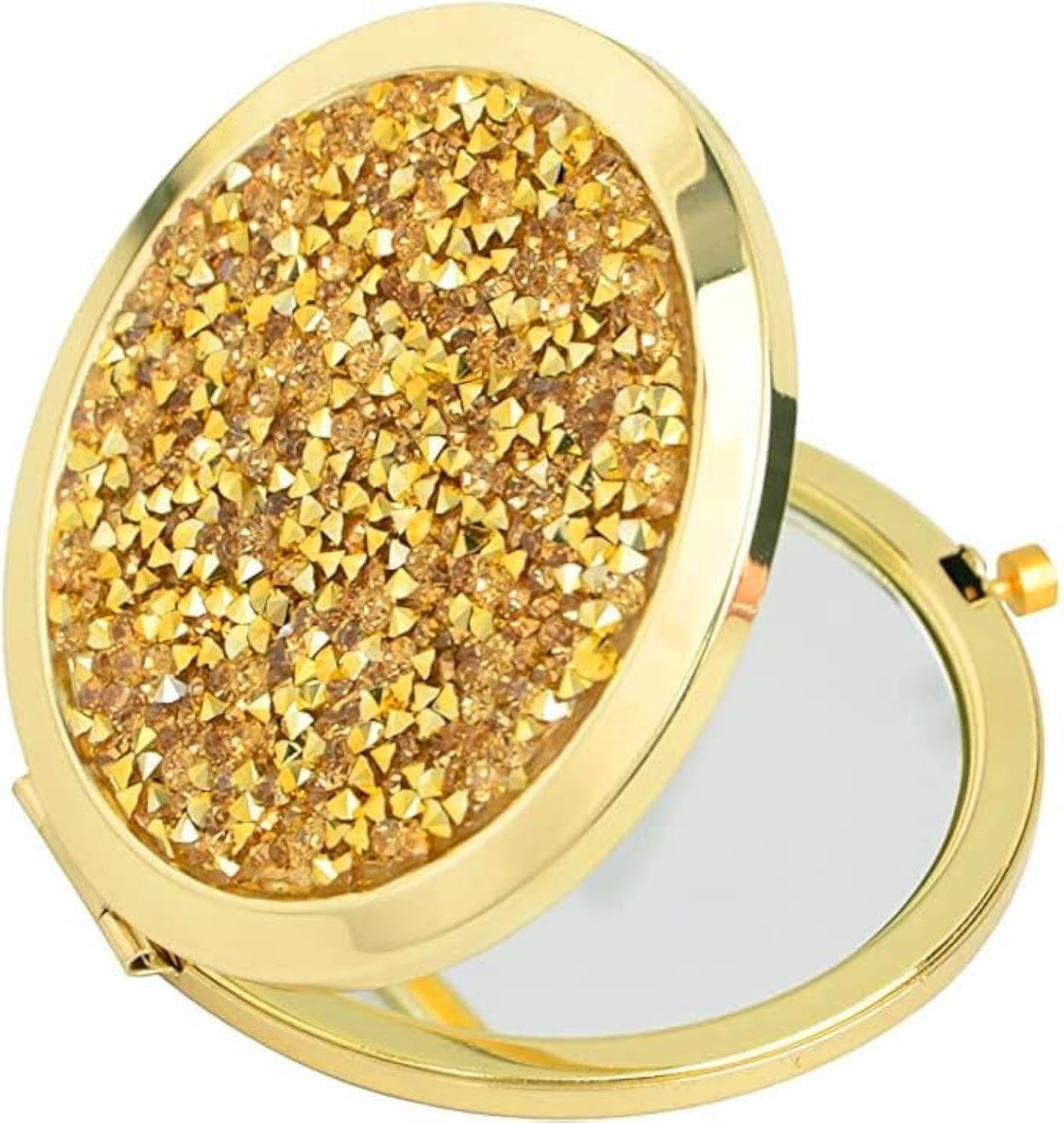 Gold Compact Mirror for Women with Mix Diamond Design - 2x & 1x Magnification Folding Pocket Mirror | Portable Travel Makeup Mirror for Purse | Perfect Gift for Her (Ideal for Travel, Home, Office & Touch-ups)