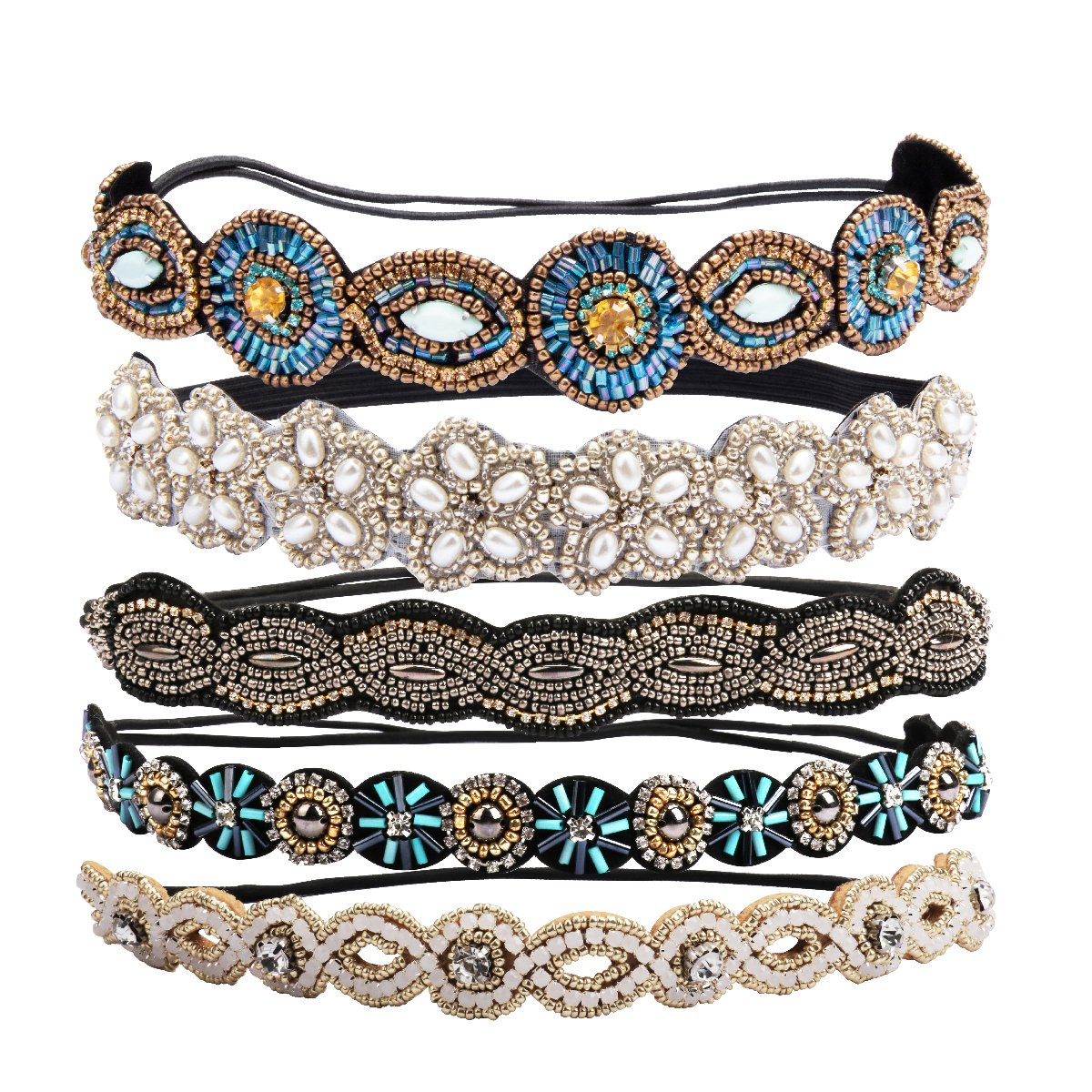 Amcami 5-Piece Rhinestone Elastic Headbands Set – Handmade Crystal Beaded Hair Accessories for Women | Vintage Jewelry Headwear for Parties, Weddings & Daily Use