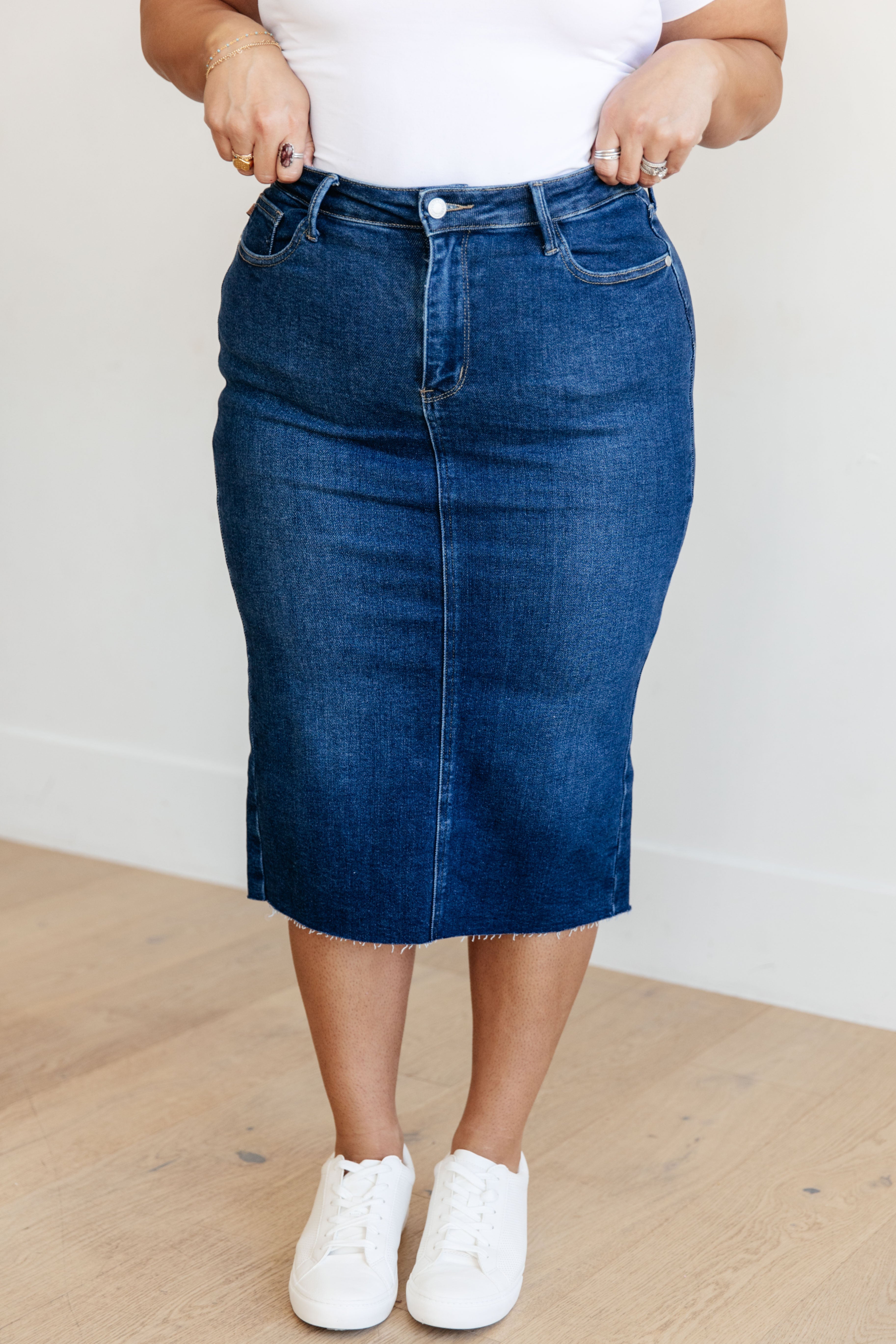 Marcy High Rise Denim Midi Skirt for Women - Stretchy Comfort Fit A-Line Denim Skirt | Perfect for Casual Outfits, Office Wear & Date Nights