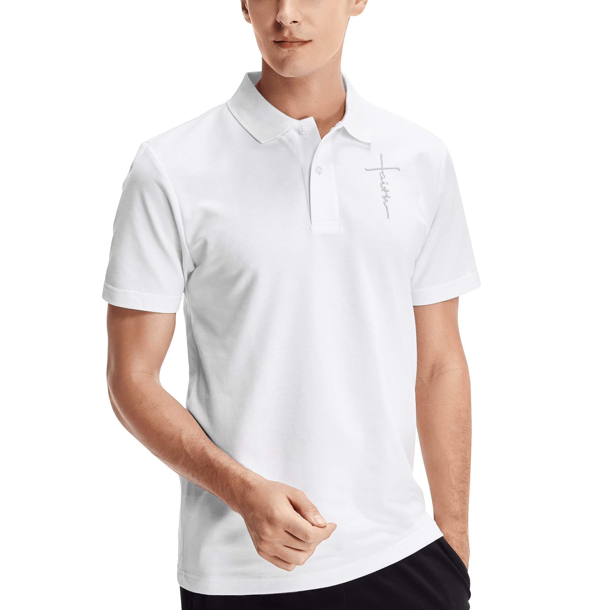 Faith Jesus Cross Embroidery Logo Men's Religious Polo T-Shirt - Short Sleeve Summer Christian Apparel for Church, Bible Study & Everyday Wear
