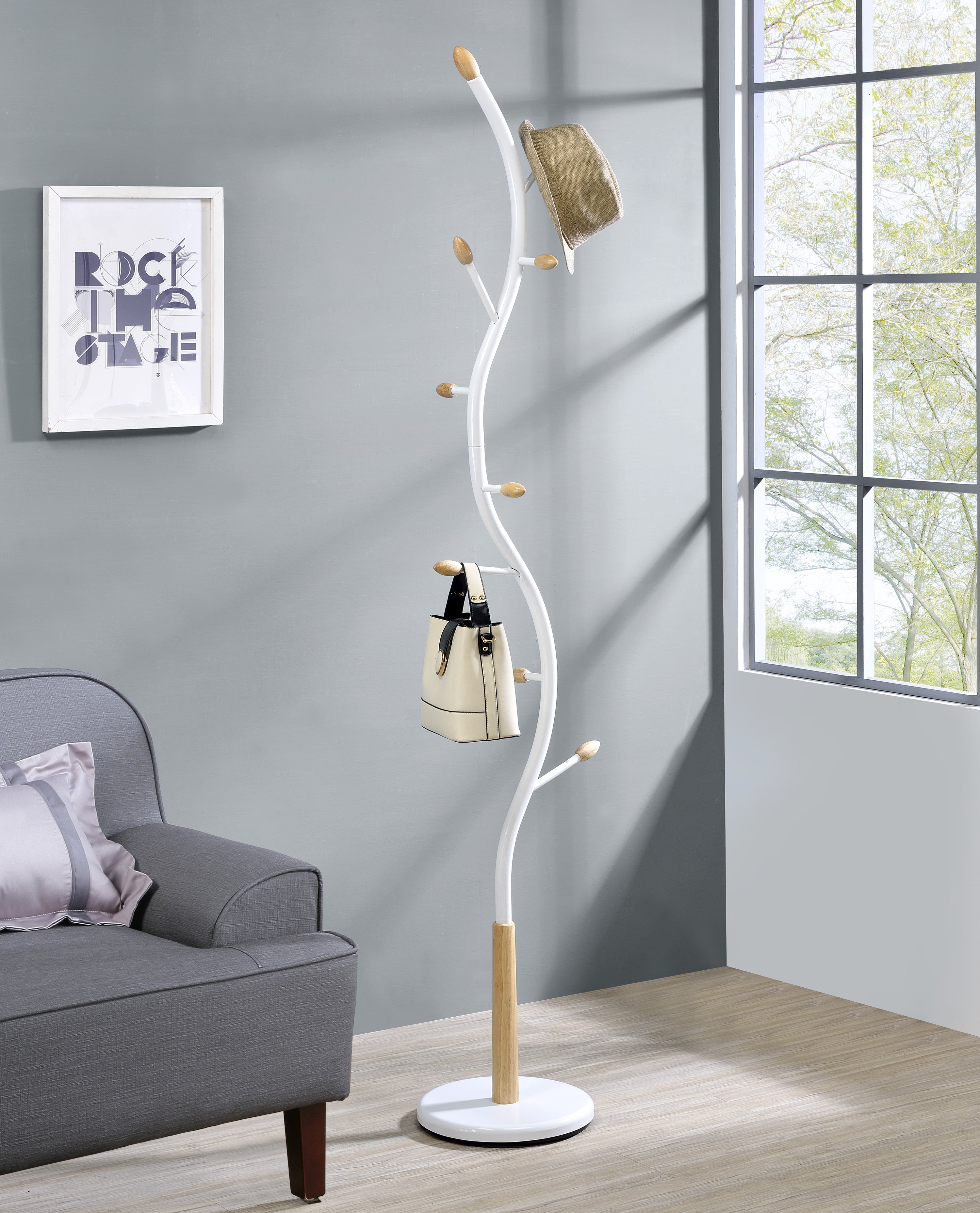 Roundhill Furniture Arles Metal Standing Coat Rack - White & Oak Finish | Freestanding Entryway Organizer for Hats, Jackets & Umbrellas | Perfect for Home, Office or Dorm Room Decor