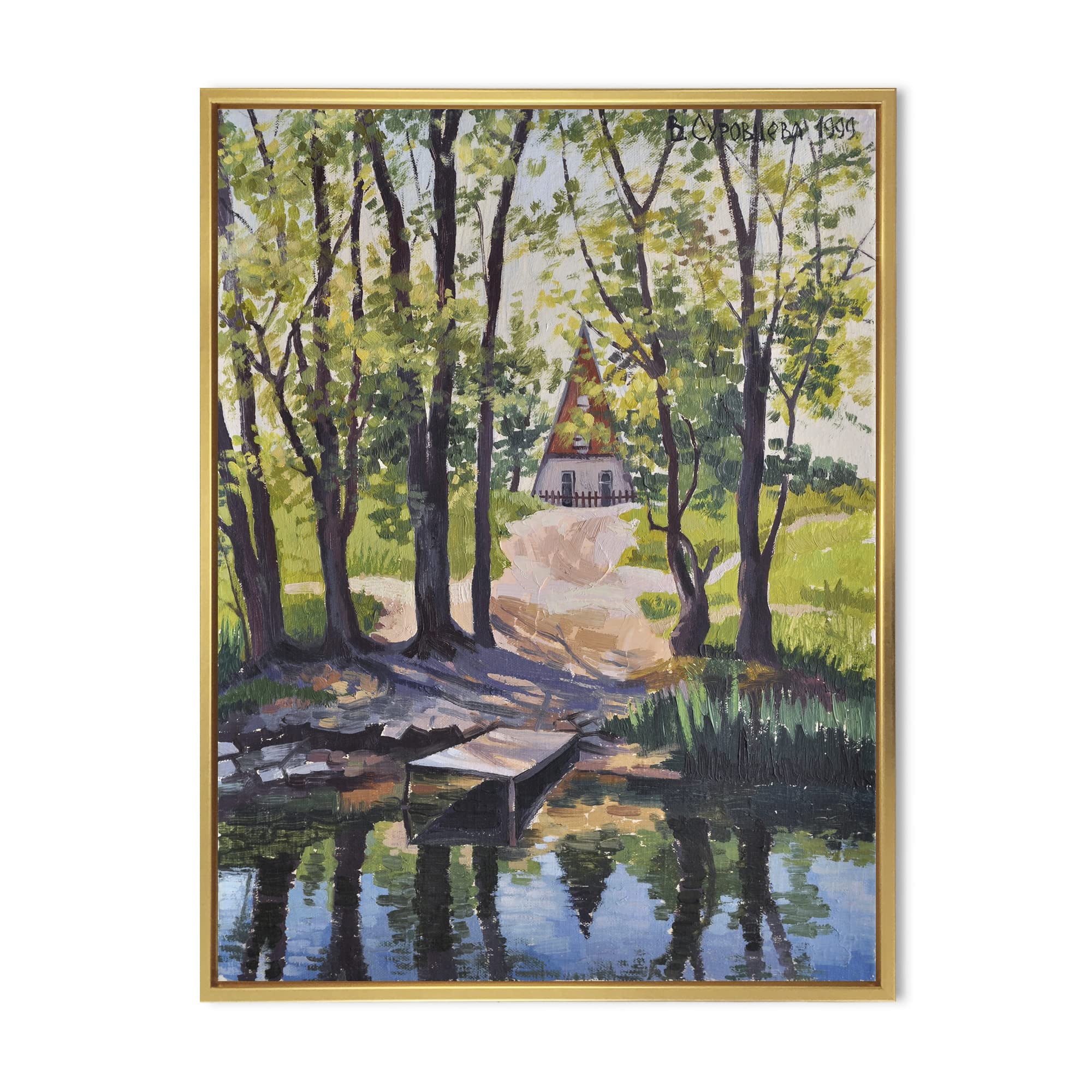 Mysterious Lake House By The River - Framed Canvas Wall Art Print for Living Room, Bedroom & Office Decor