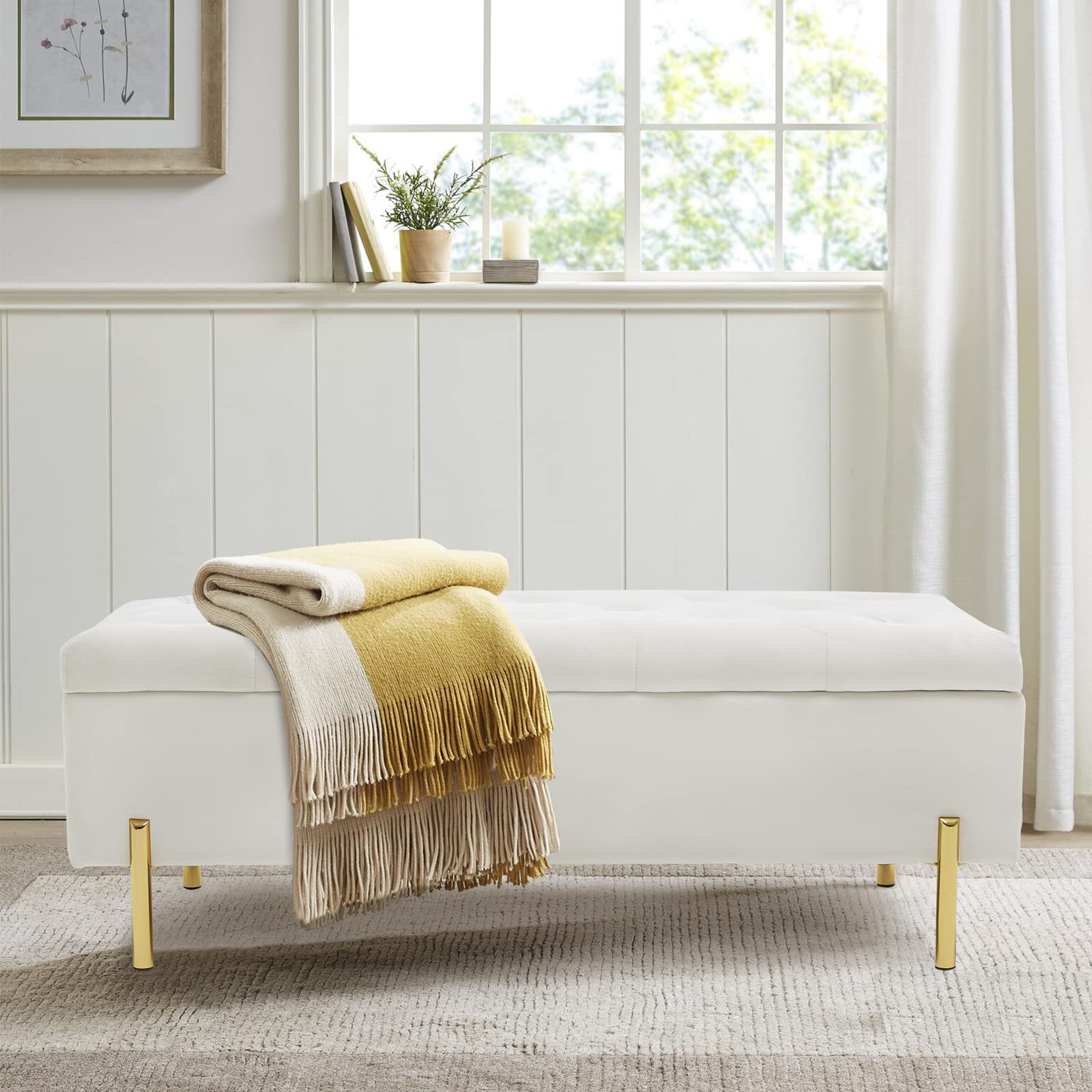 Velvet Storage Bench Ottoman with Hidden Compartment - Tufted Upholstered Seat for Bedroom, Living Room & Entryway - Versatile Multi-Functional Furniture (Ivory) | Perfect for Extra Seating, Bedroom Decor & Entryway Organization