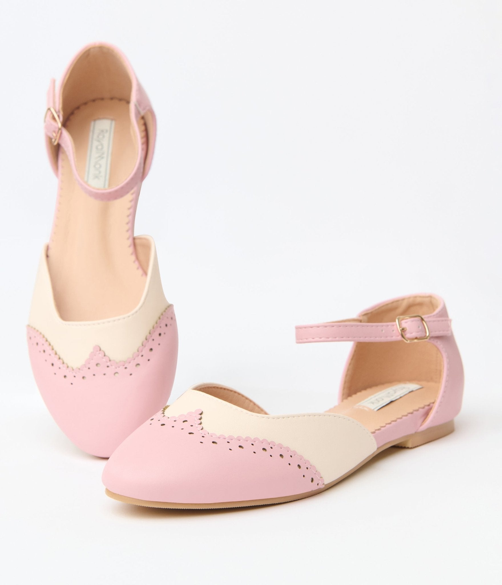 Pink & Cream Leatherette Saddle Mary Jane Flats - Comfortable Women's Dress Shoes for Work, Wedding & Everyday Wear