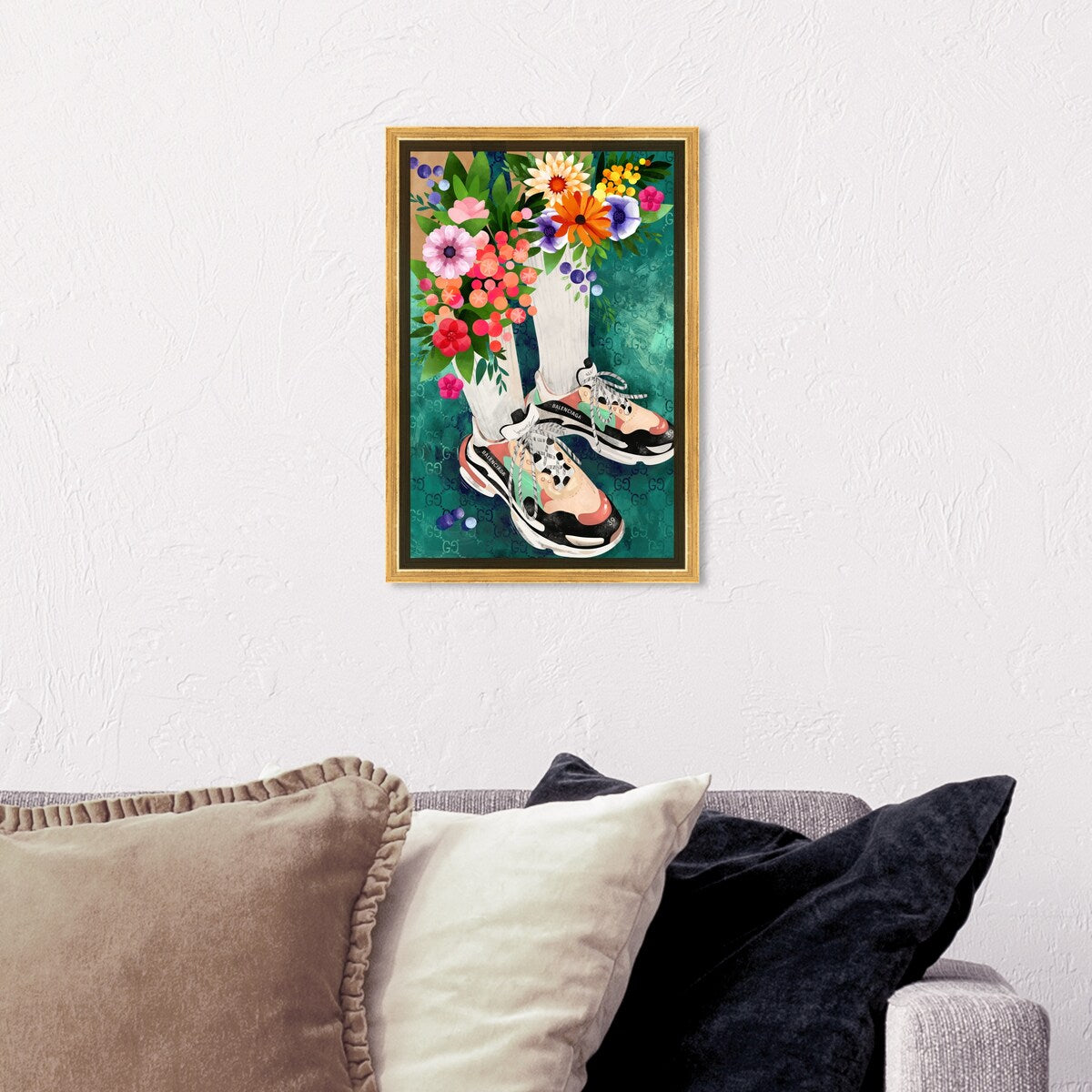 Stylish Floral Sneakers & Socks Set with Modern Green Framed Canvas Wall Art - Perfect for Bedroom Decor & Fashion Outfits