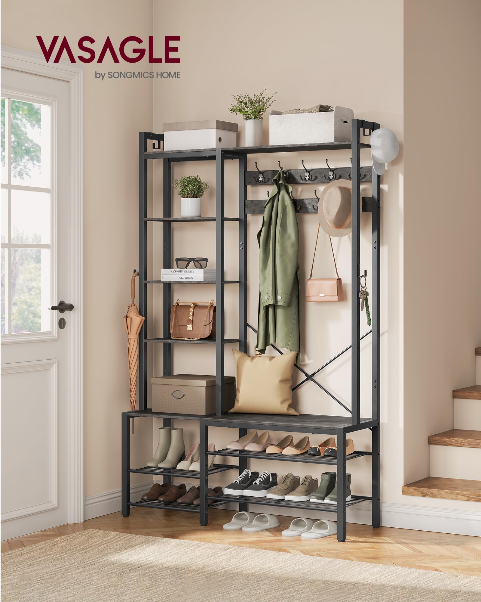 VASAGLE Entryway Hall Tree with Bench - 5-Tier Shoe Storage, 9 Coat Hooks & 6 Side Hooks - 74.8