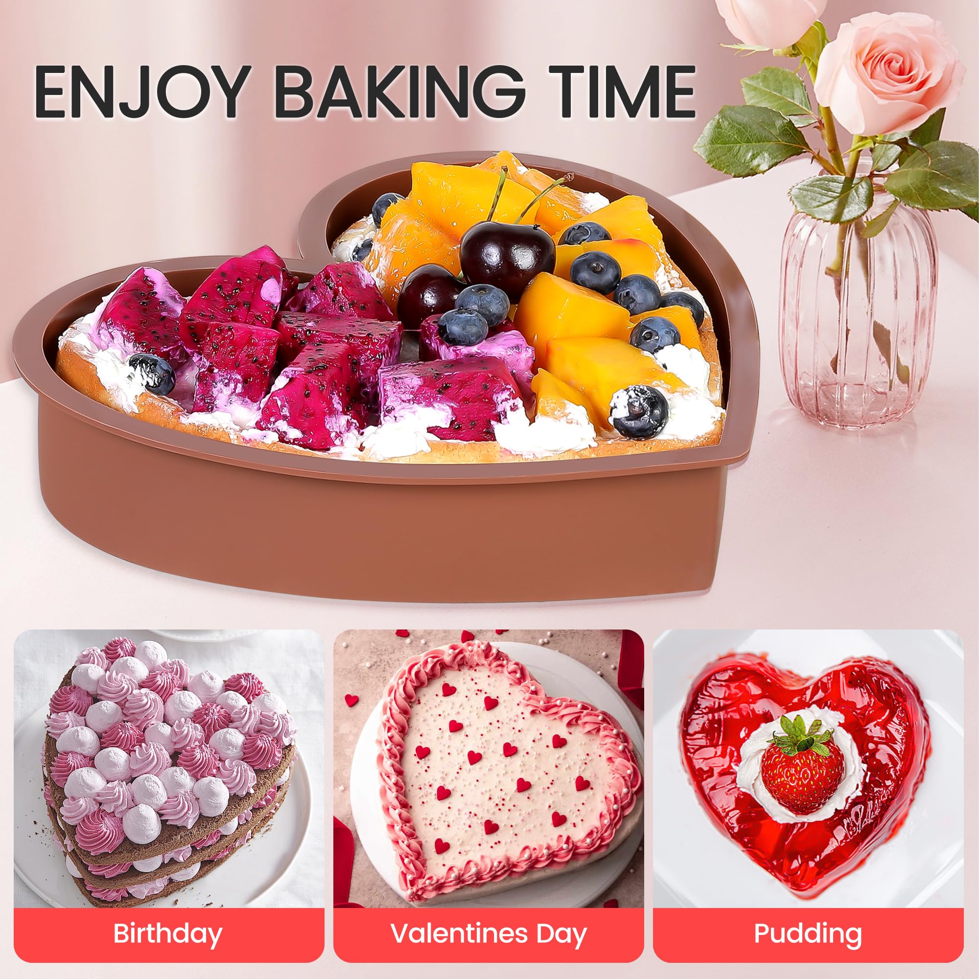 Vinino 10 Inch Heart Shaped Silicone Cake Pan - Reusable Nonstick Baking Mold for Cakes, Cupcakes & Desserts | Oven, Microwave & Freezer Safe | Food Grade Silicone (Brown) - Perfect for Valentine's Day, Birthdays & Romantic Baking