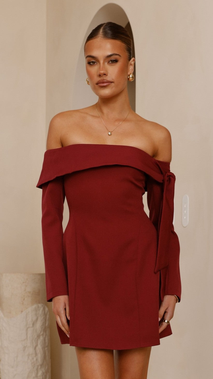 Halen Women's Long Sleeve Mini Dress - Elegant Wine Red Bodycon Party Dress for Night Out, Date Night & Special Occasions