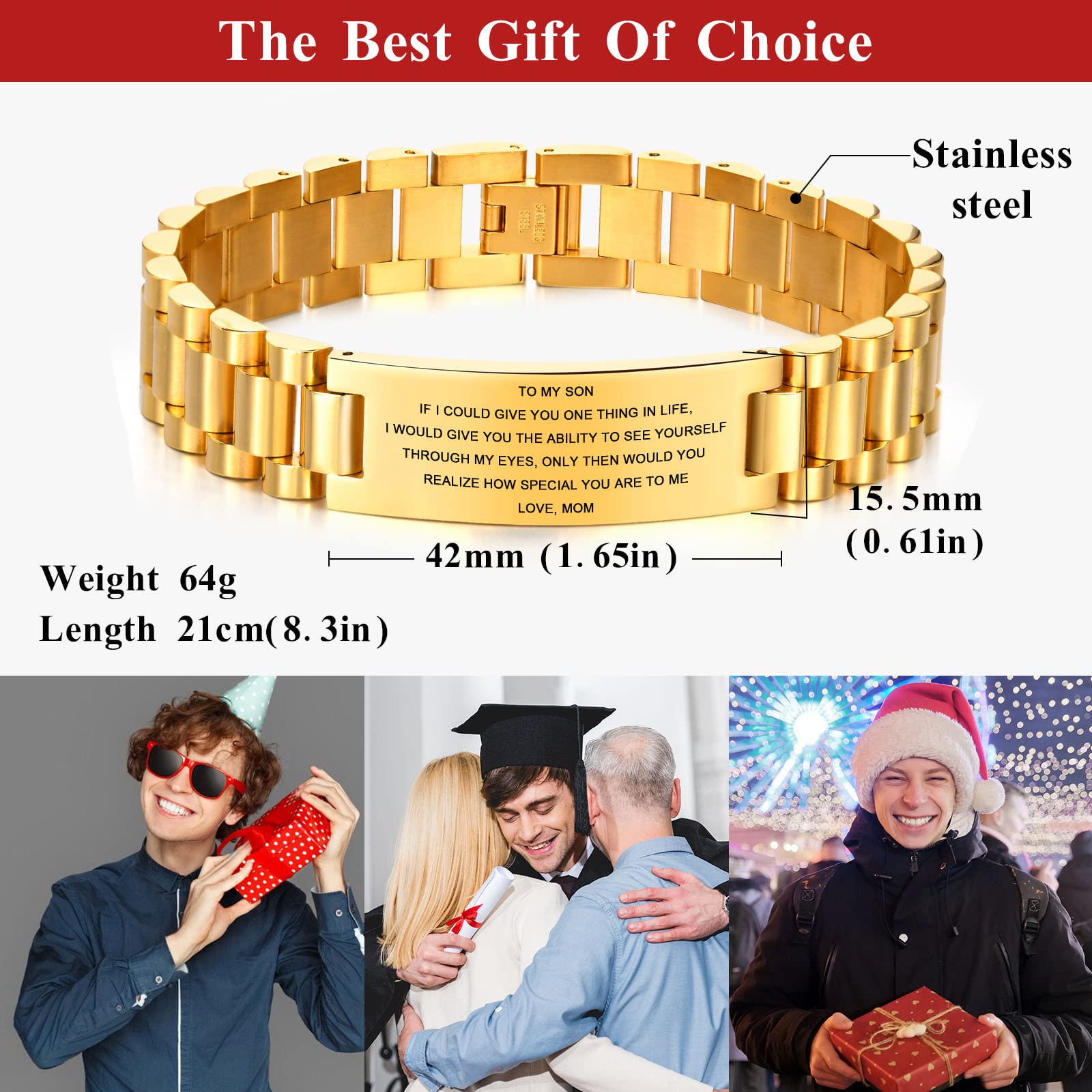 MEALGUET Inspirational Stainless Steel Bracelet for Son - Customizable Courage Link Wristband, Perfect Birthday & Graduation Gift from Mom & Dad, Ideal for Daily Wear & Special Occasions