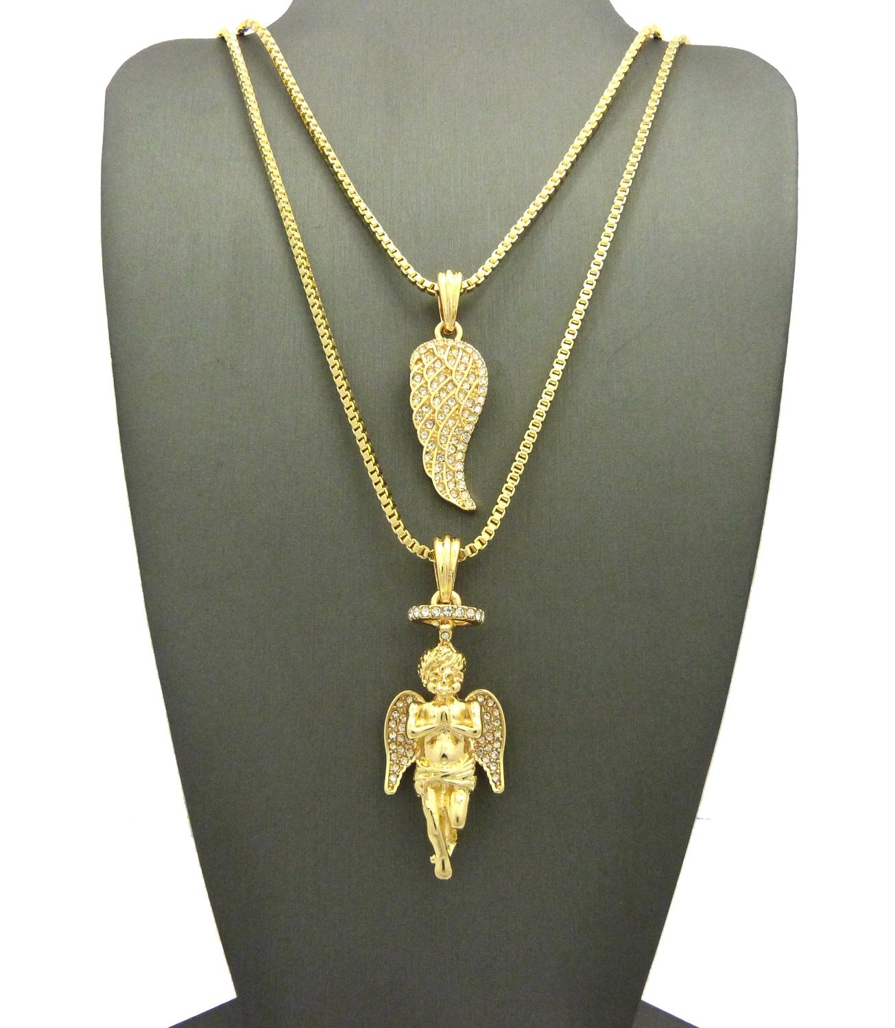 Iced Out Angel Wing & Angel Pendant Necklace Set with 24