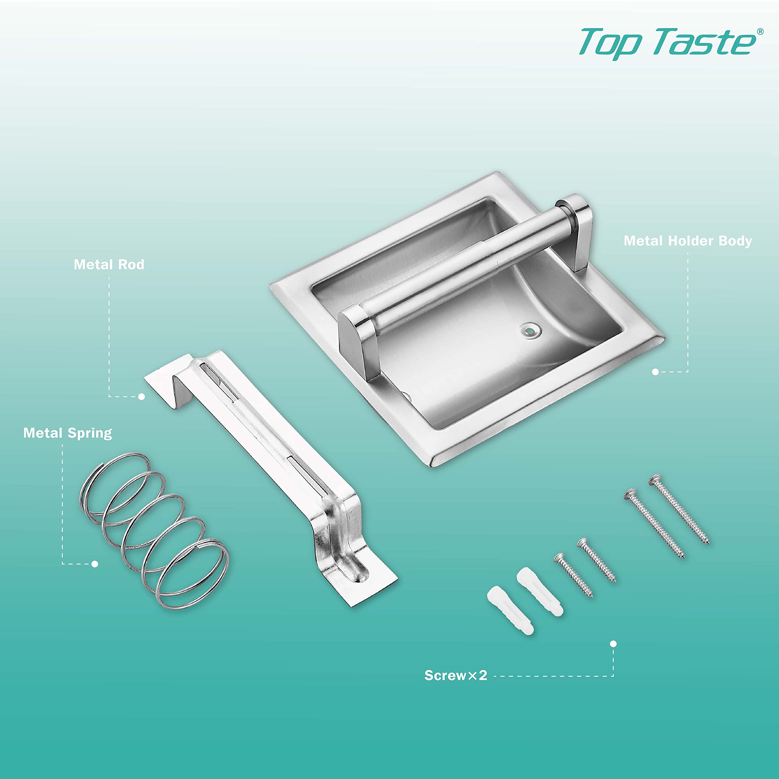 Top Taste Brushed Nickel Recessed Toilet Paper Holder - Wall Mount Stainless Steel Tissue Roll Holder with Rear Mounting Brackets | Perfect for Bathroom, Restroom & Powder Room Decor