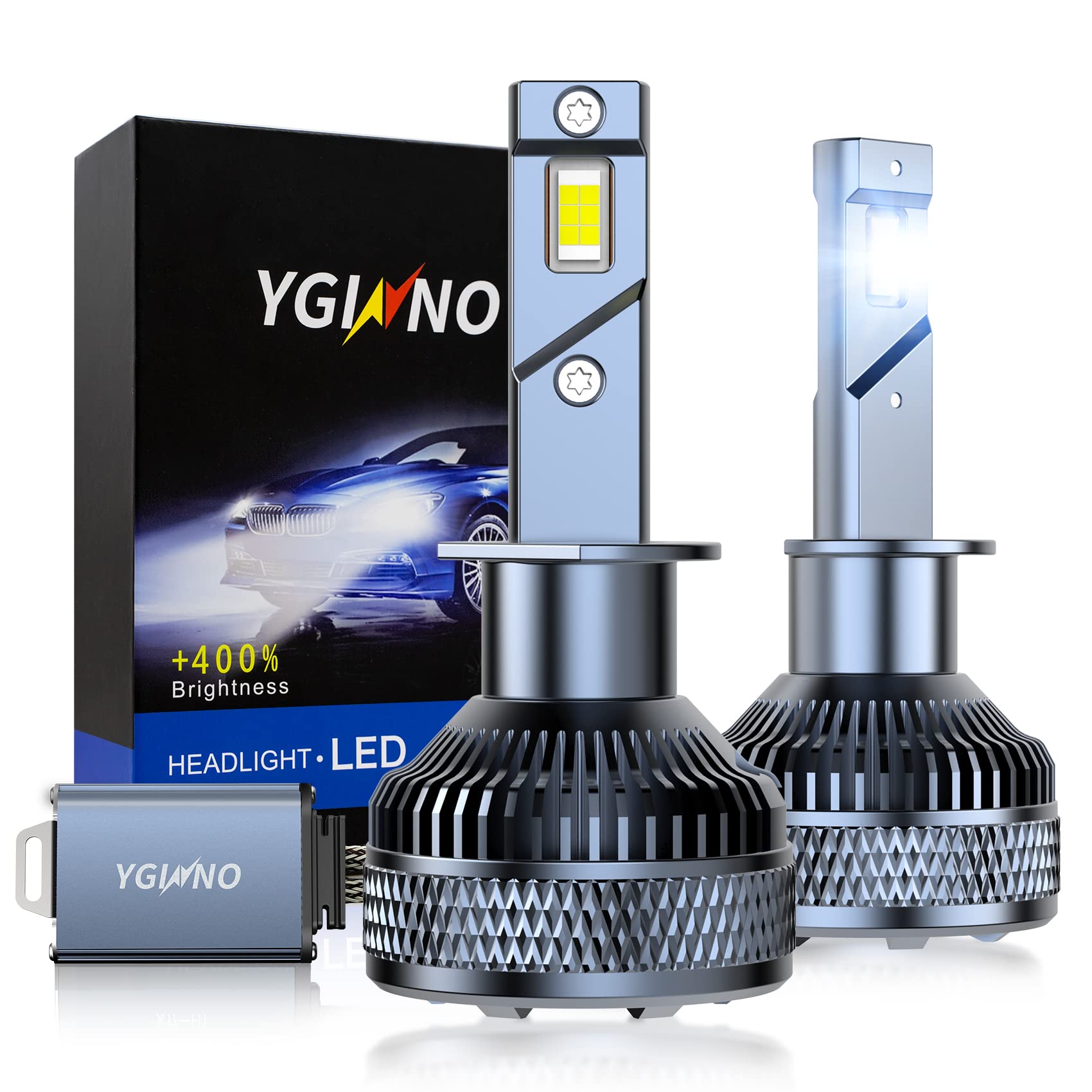 YGINNO H1 LED Headlight Bulbs 24000LM 6500K Cool White - Pack of 2 for Night Driving & Off-Road Use