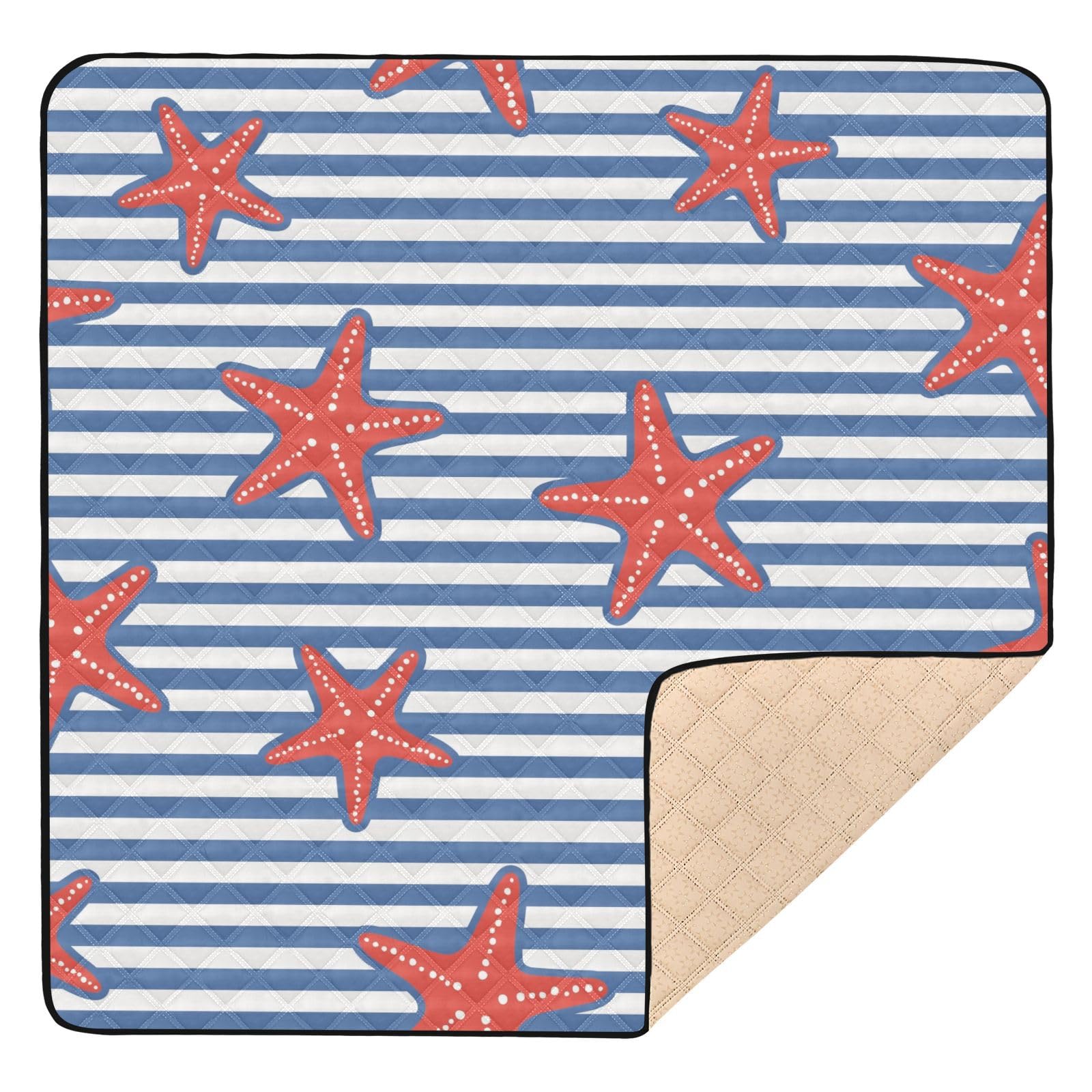 Starfish Blue Stripes Coastal Tropical Large Stylish Baby Play Mat - 50'' x 50'' Soft Non-Slip Floor Mat for Infants, Toddlers & Kids - Perfect for Indoor/Outdoor Playtime, Tummy Time & Nursery Decor