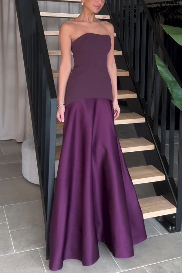 Timeless Elegance Satin Patchwork Strapless Flare Gown Maxi Dress for Women | Formal Evening Gown for Prom, Wedding, Red Carpet Events
