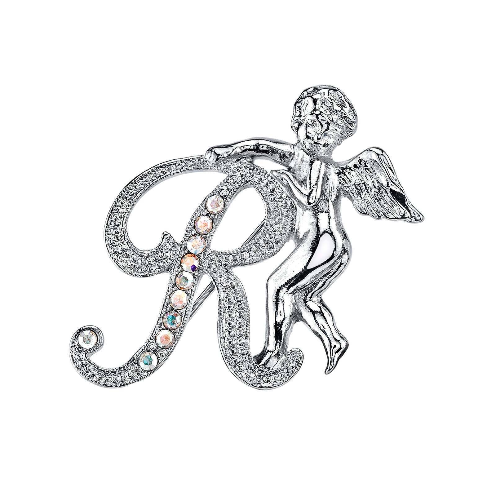 1928 Jewelry Aurore Boreale Crystal Angel Initial Pin - Elegant Personalized Initial Brooch for Women, Gift for Her, Perfect for Weddings, Anniversaries & Special Occasions