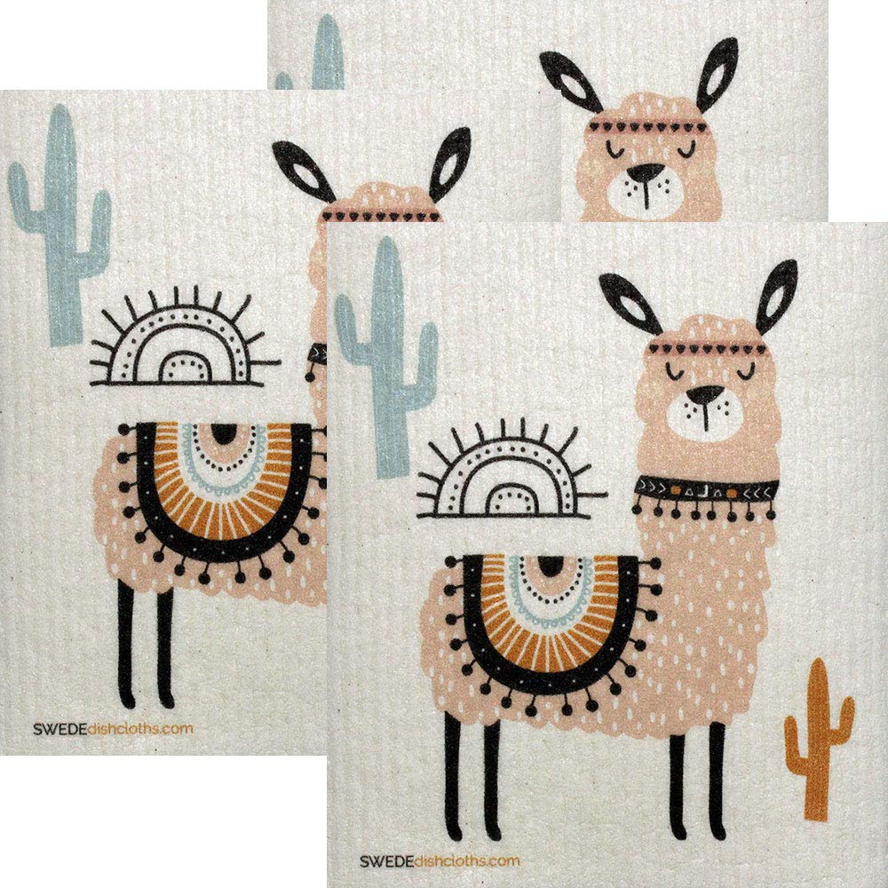 Eco-Friendly Cellulose Sponge Dish Towels - Set of 3 Reusable Pink Llama Swedish Dish Cloths for Kitchen Cleaning, Washing Dishes & Countertops