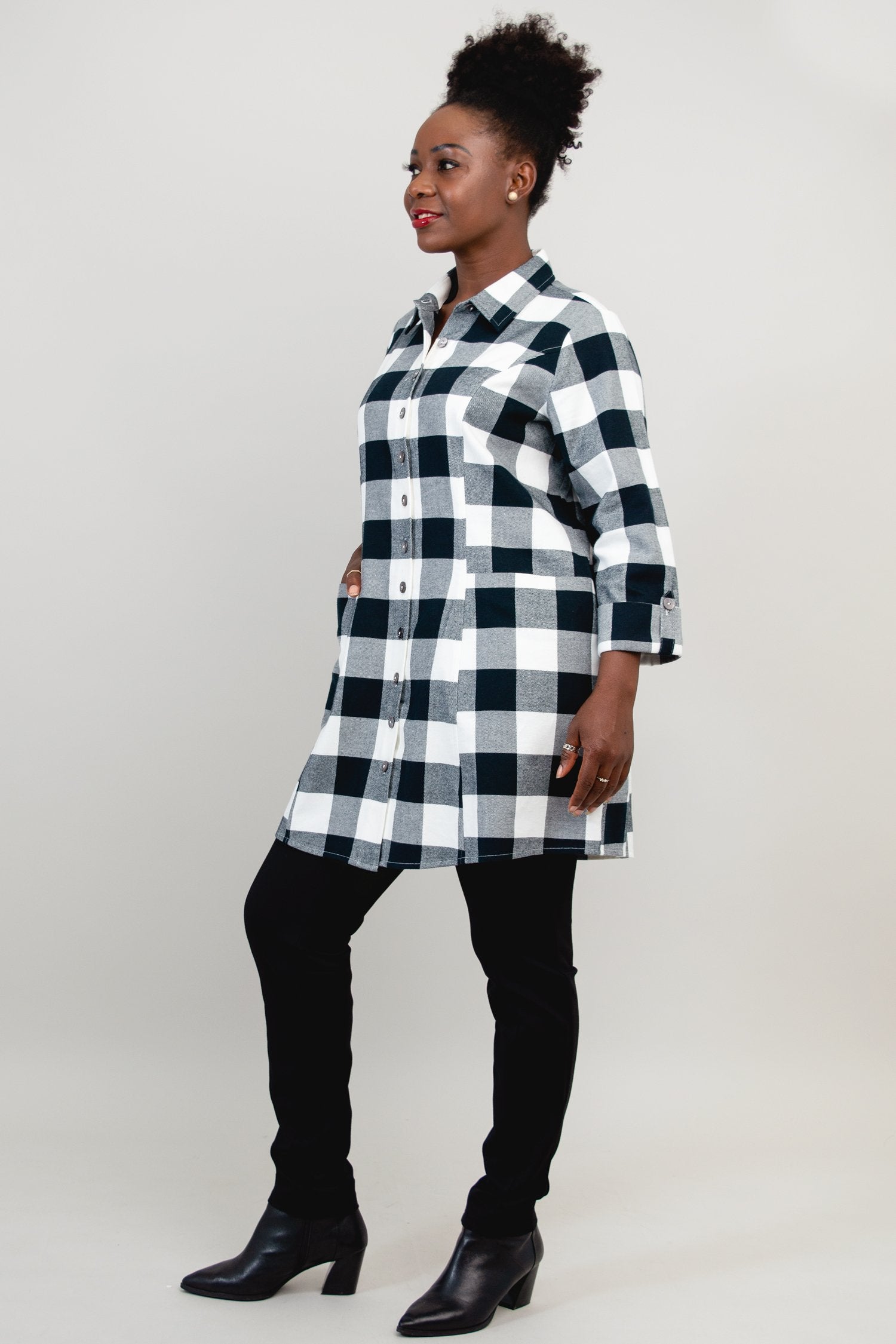 Larissa Tunic - Grey Plaid Cotton Flannel Shirt for Women | Cozy Fall & Winter Layering Top | Perfect for Casual Outfits and Office Wear