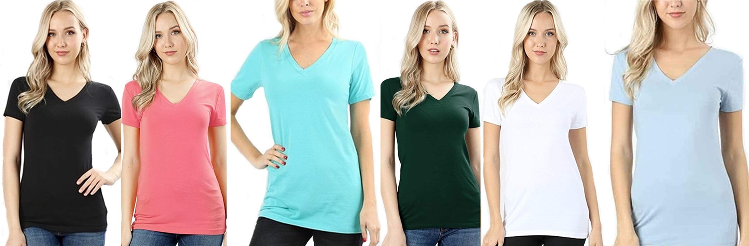 4 Pack Zenana Women's Basic V-Neck T-Shirts - Soft Cotton Casual Tees for Everyday Wear, Layering & Workout | Perfect for Office, Gym & Weekend Outfits