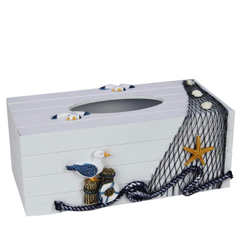 Cabilock 1PC Mediterranean Style Wooden Tissue Box - Handcrafted Decorative Storage Box with Seabird Pulling Net Design - Perfect for Home, Office Desktop & Bathroom Decor