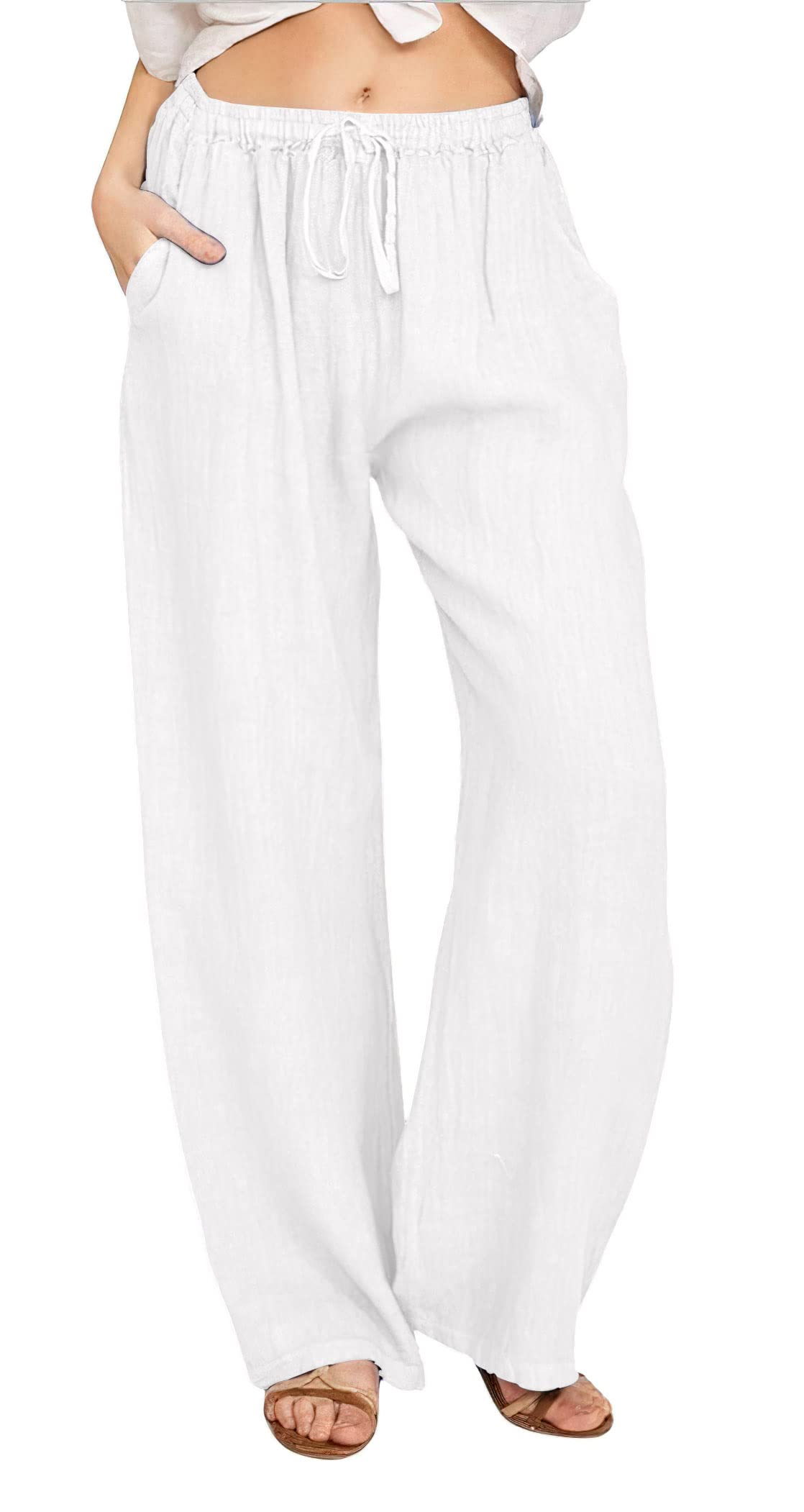 CHARTOU Women's Summer Wide Leg Palazzo Pants - Soft Cotton Linen Blend, Elastic Drawstring Waist, Comfortable Loose Fit for Beach, Vacation & Casual Wear