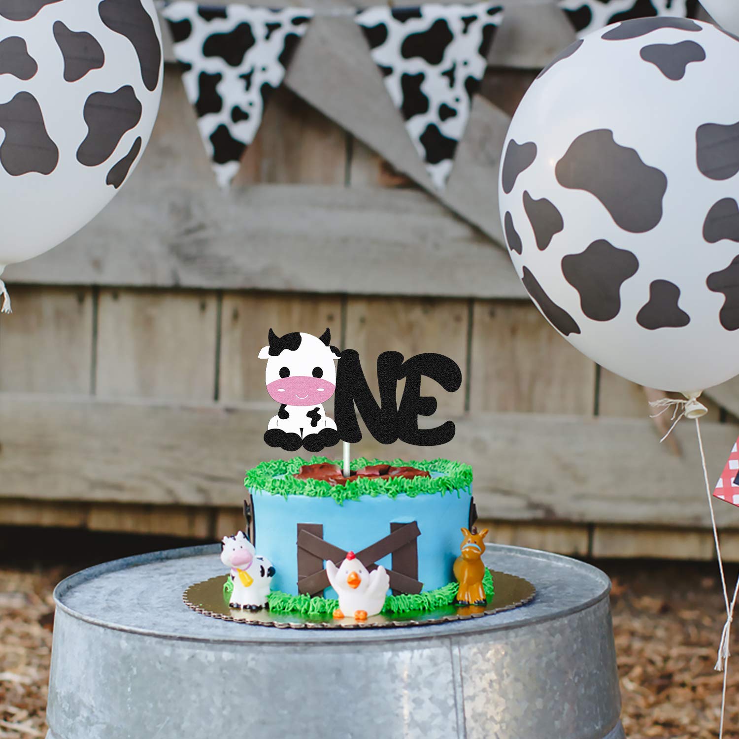 Happy 1st Birthday Cow Cake Topper - Double Sided Black Sparkle Farm Animal Cake Decorations for Cow Themed Birthday Parties, Zoo Celebrations & First Year Milestones - Perfect for Baby Showers, Farm Birthday Cakes & Nursery Decor